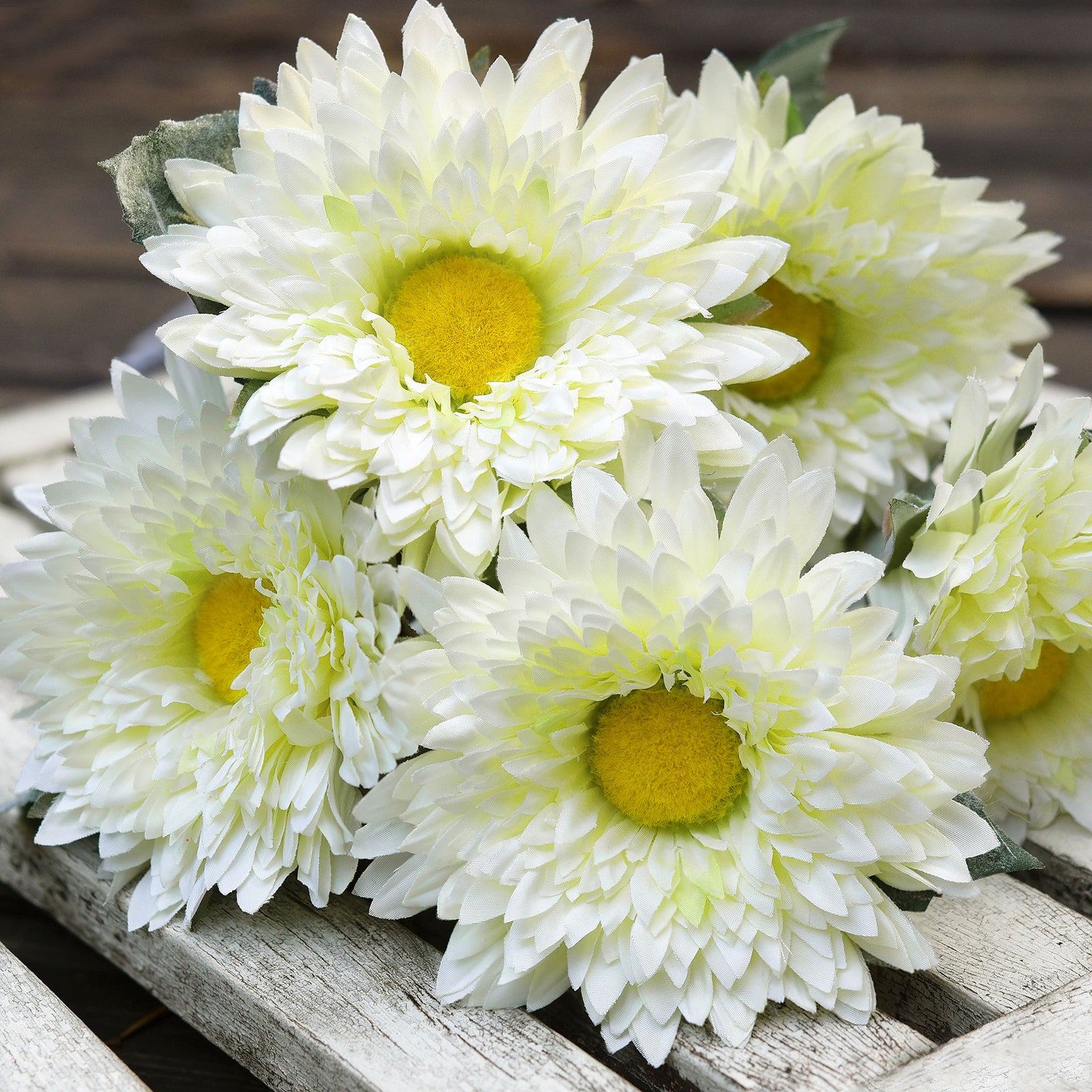 Artificial Sunflowers, Floral White Flowers Bouquet (6 Single Stems) -FiveSeasonStuff