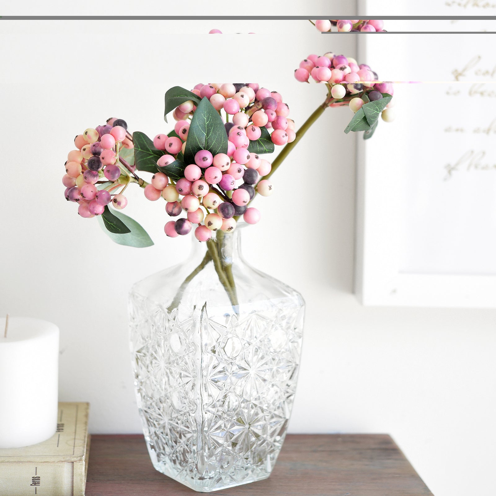 FiveSeasonStuff 2 Stems of Real Touch Artificial Holly Berries Floral Arrangement (Blush Violet)