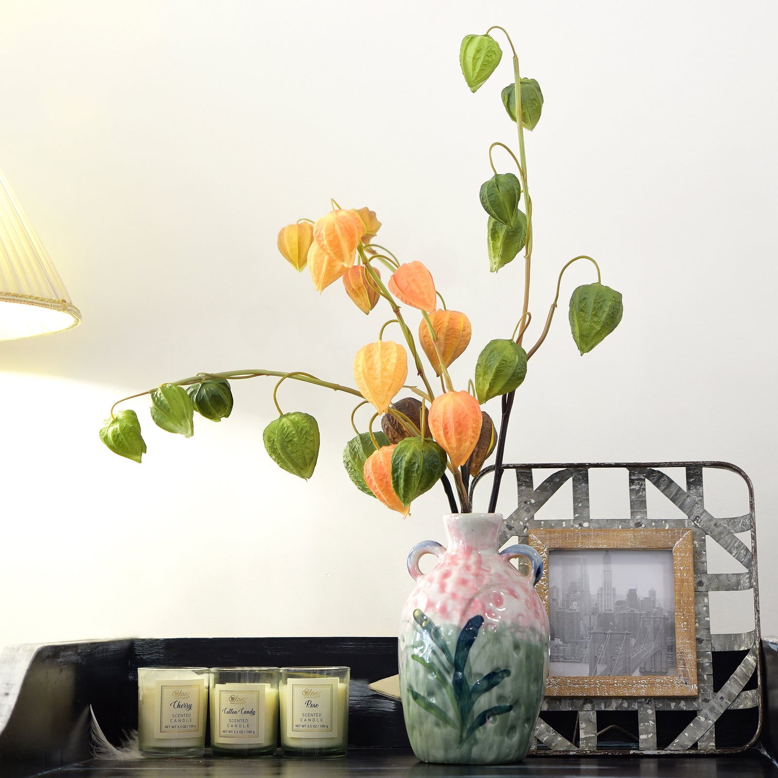 Artificial Chinese Lantern Stems – Leafy Green – Set of 3