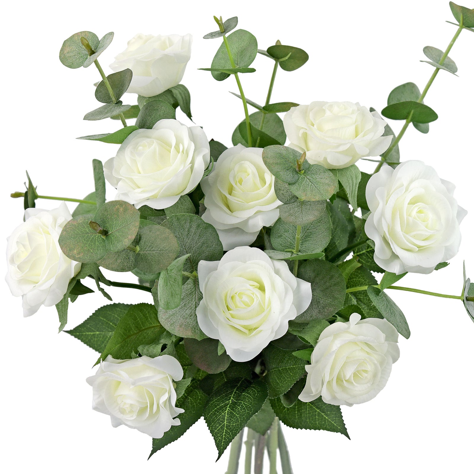 White Roses with Eucalyptus Leaves Bouquet Artificial Flowers