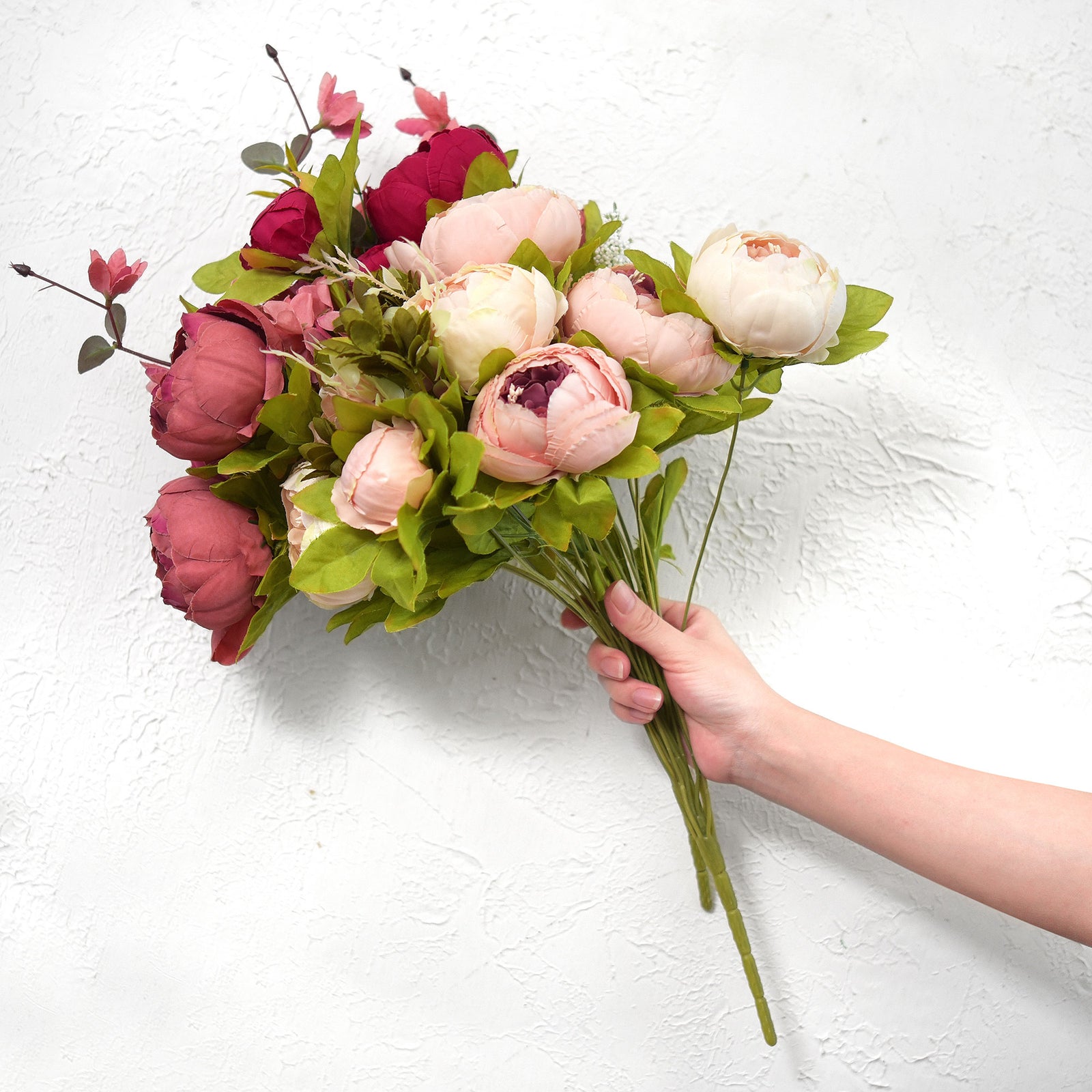 Celebrate Timeless Beauty: A Duo of Luxurious Artificial Silk Peony Bouquets in Deep Carmine, Dusty Red, and Faded Pink