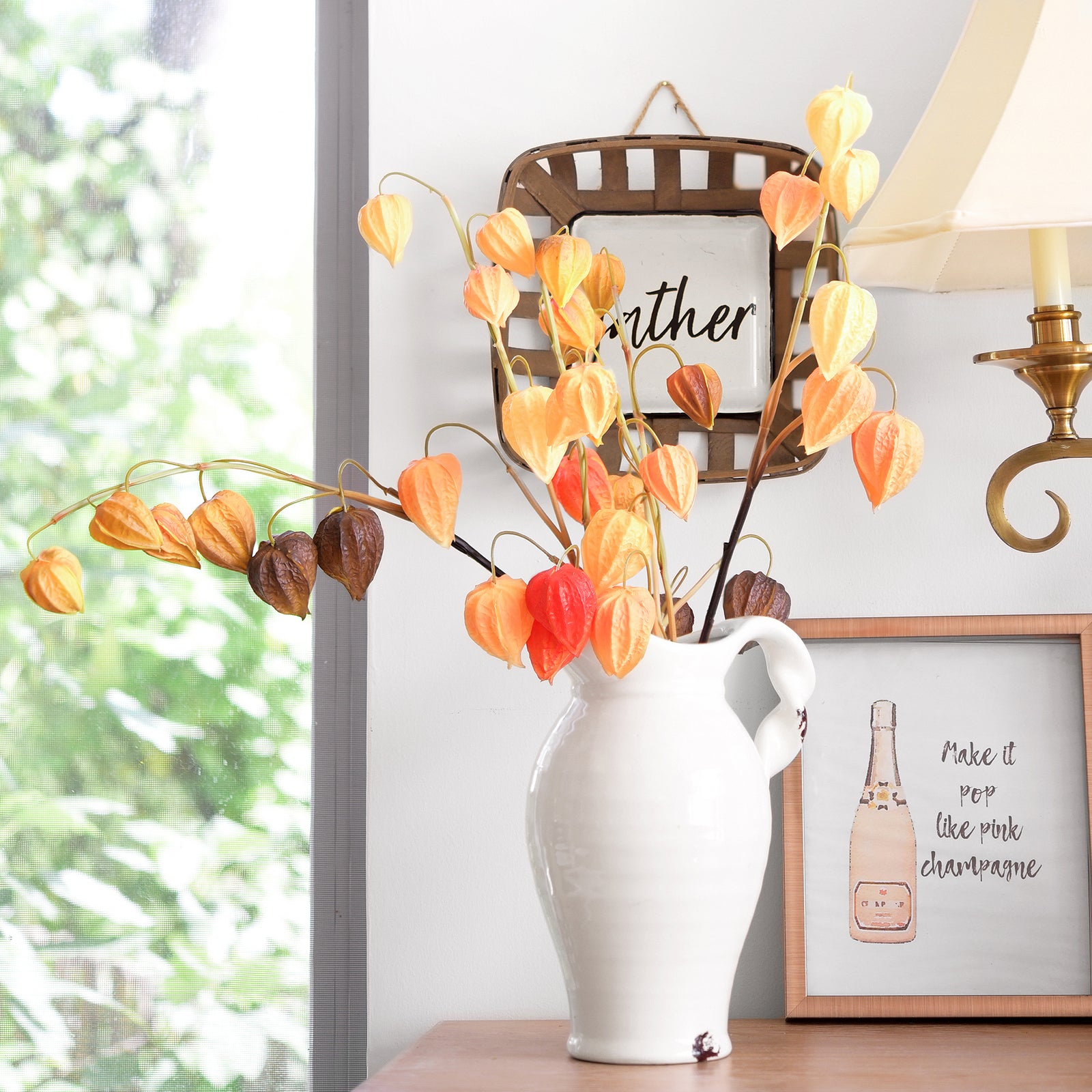 Artificial Chinese Lantern Stems – Golden Apricot (Light Orange) – Set of 3