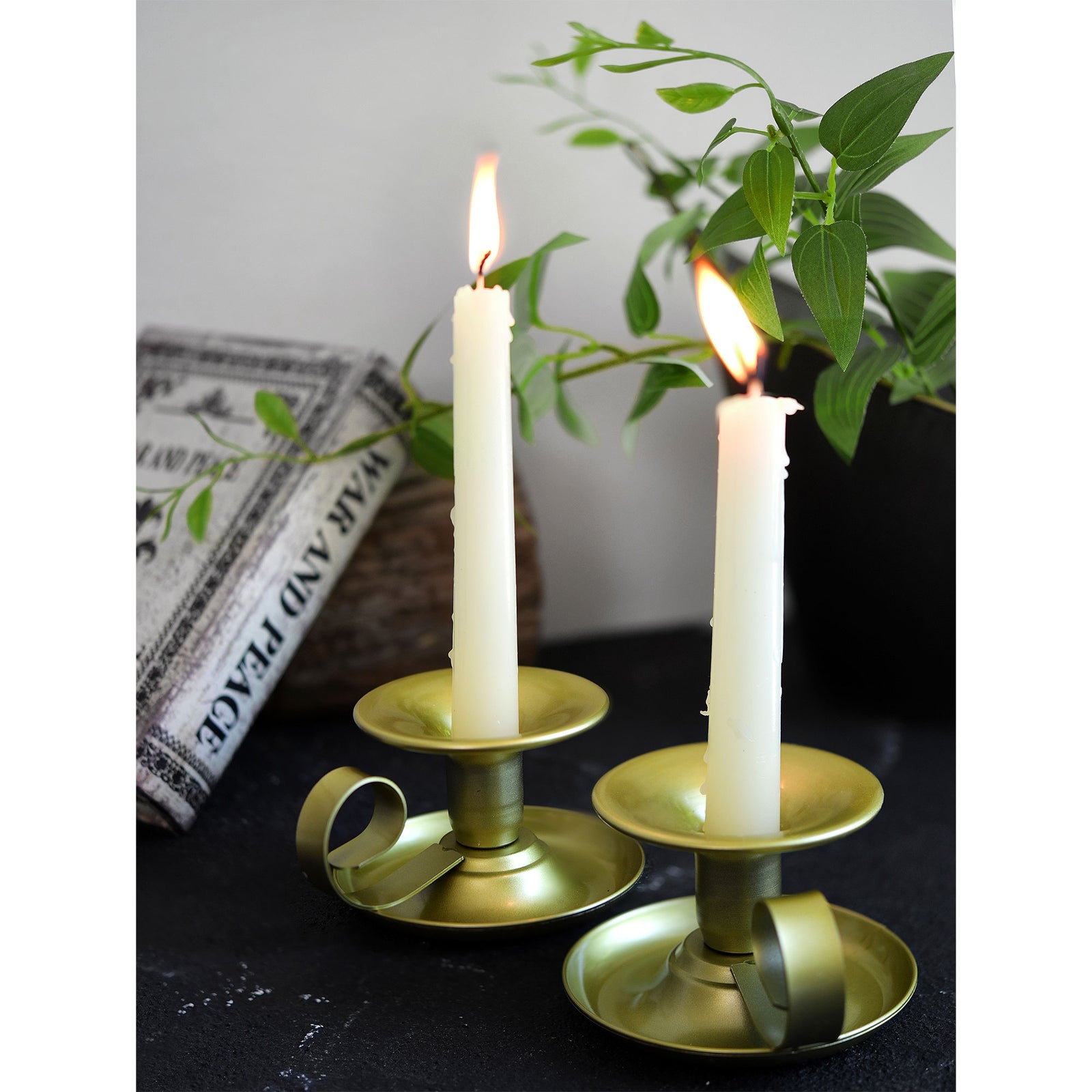 2 Gold Plated Iron Saucer Vintage Iron Candle Holders with Handle for Taper Wax Candlesticks