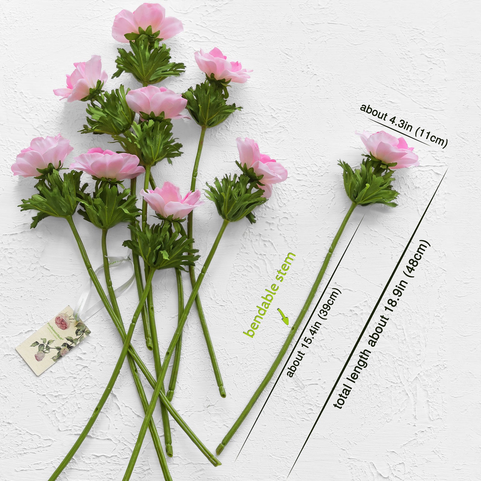 9 Long Stems of ‘Real Touch’ (Refreshing Pink) Artificial Anemone Silk Flowers with Leaves 48cm (18.9 inches)