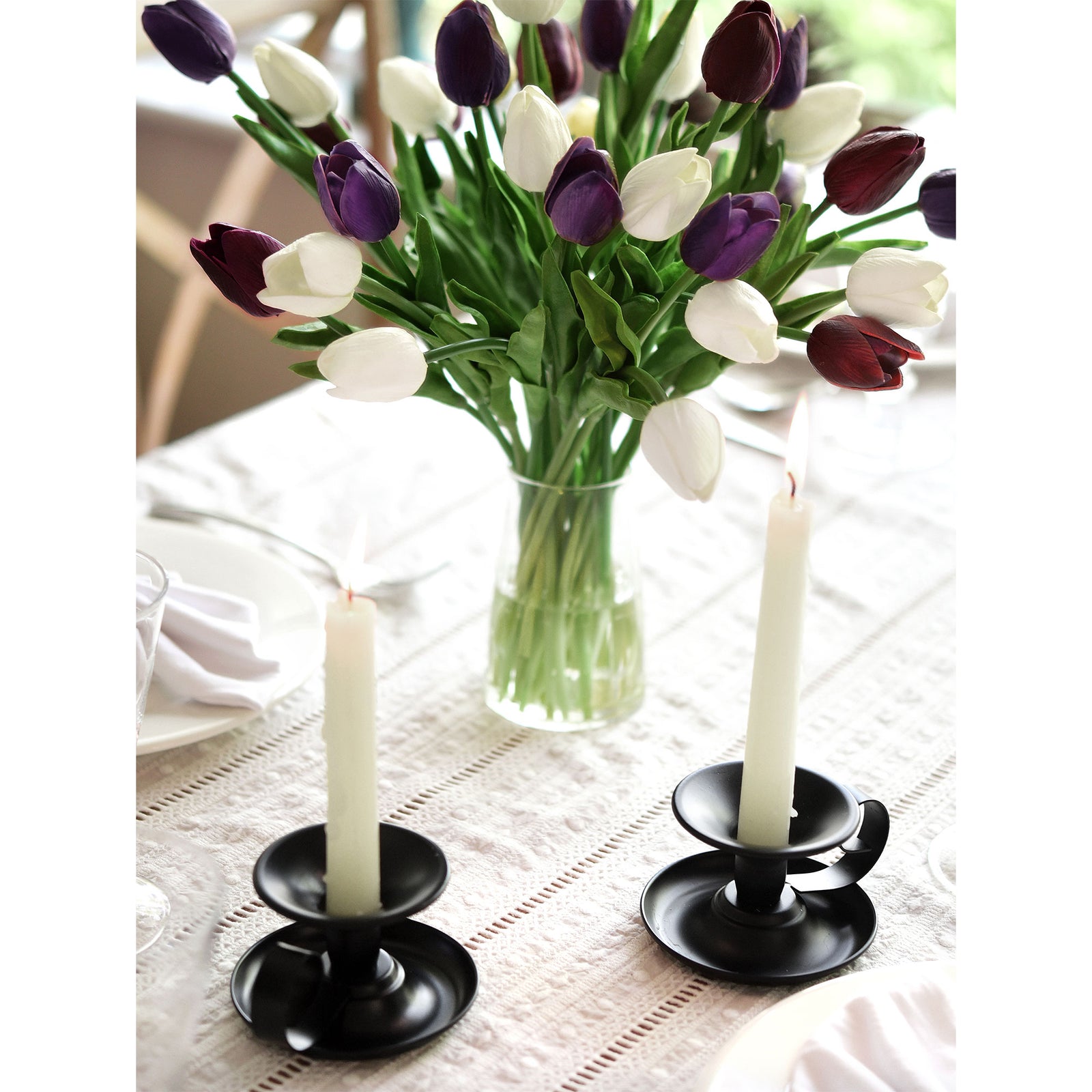 2 Black Plated Saucer Vintage Iron Candle Holders with Handle for Taper Wax Candlesticks