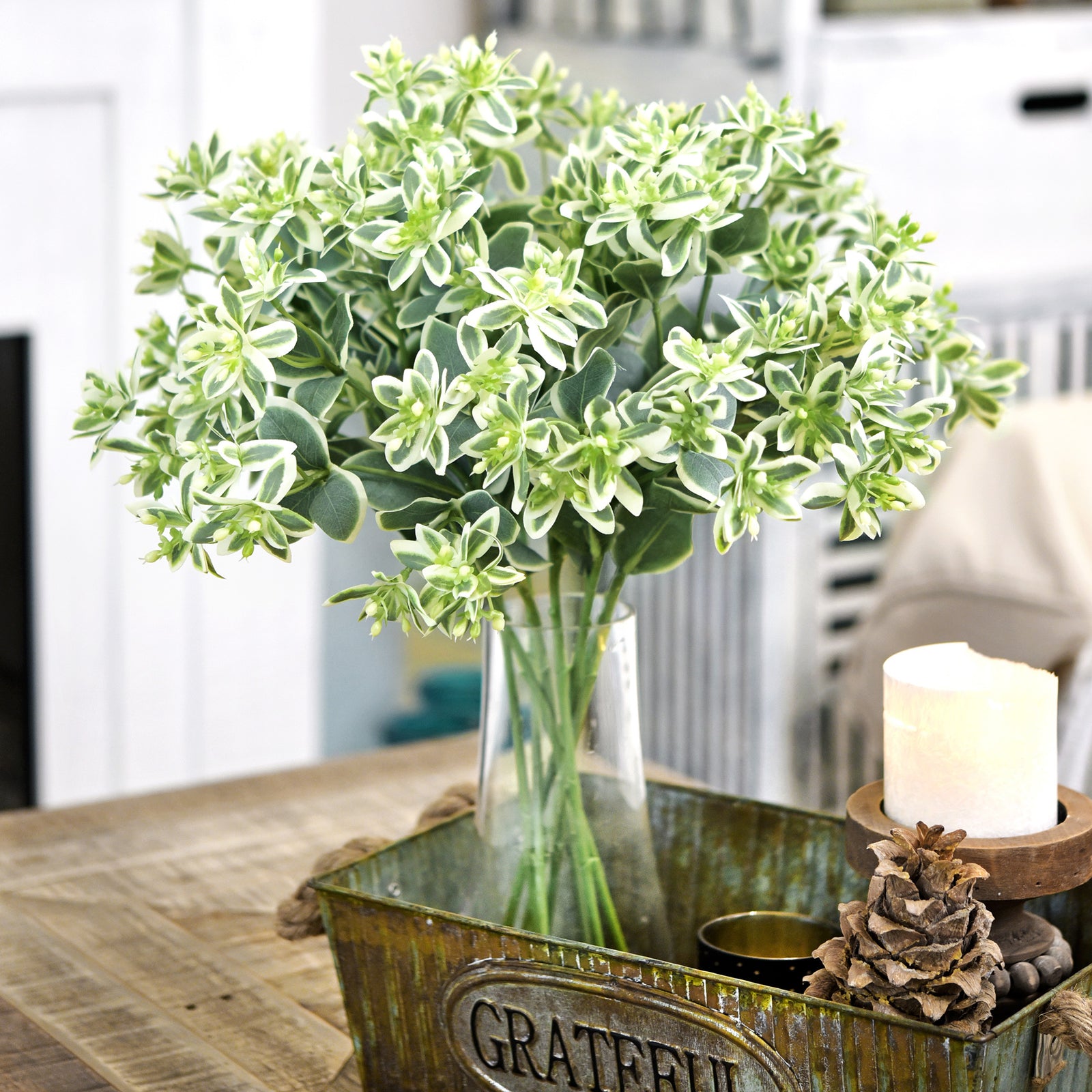 FiveSeasonStuff Snow on the Mountain Euphorbia Marginata Artificial Leaves and Branches Filler Greenery 18 inches 6 Stems