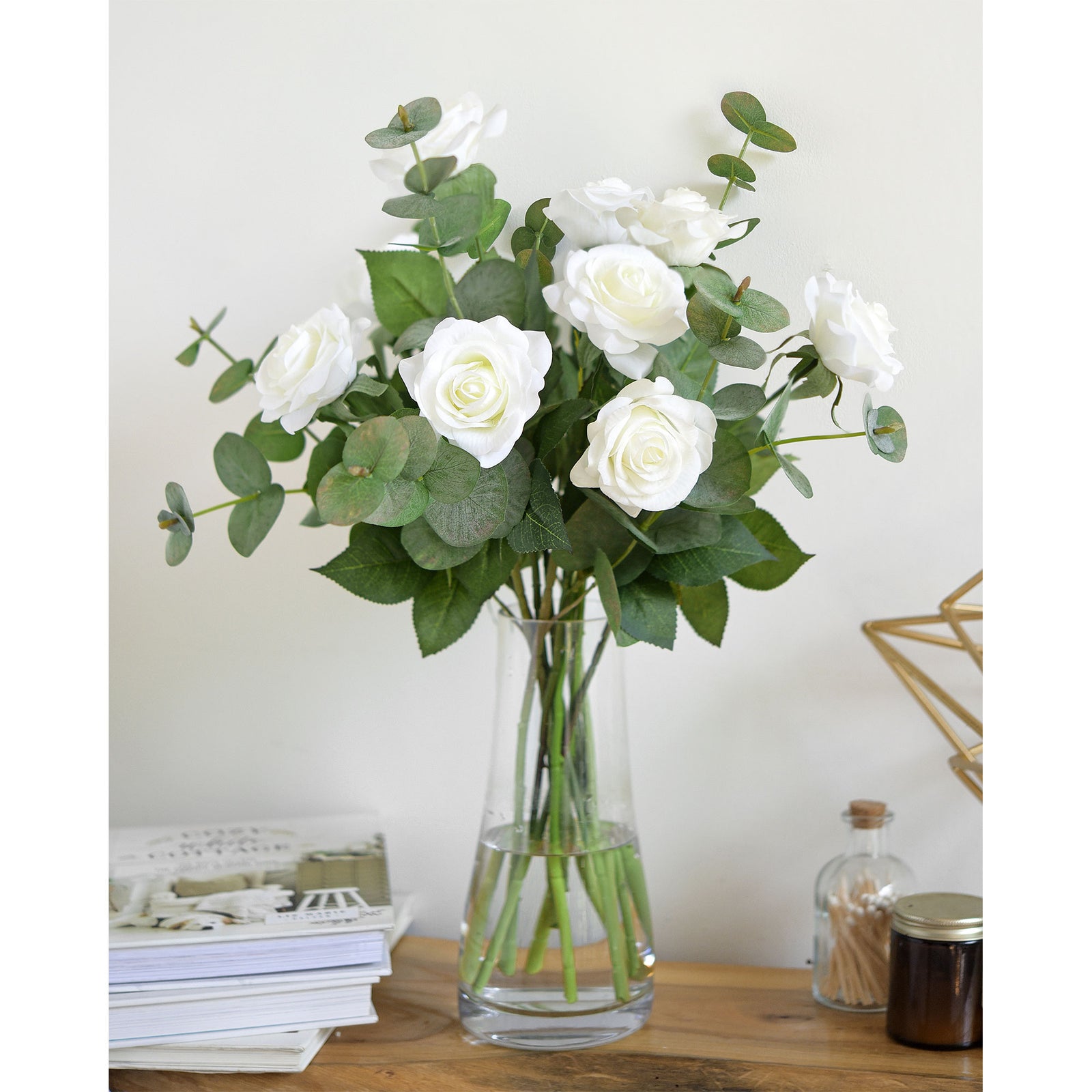 White Roses with Eucalyptus Leaves Bouquet Artificial Flowers –  FiveSeasonStuff