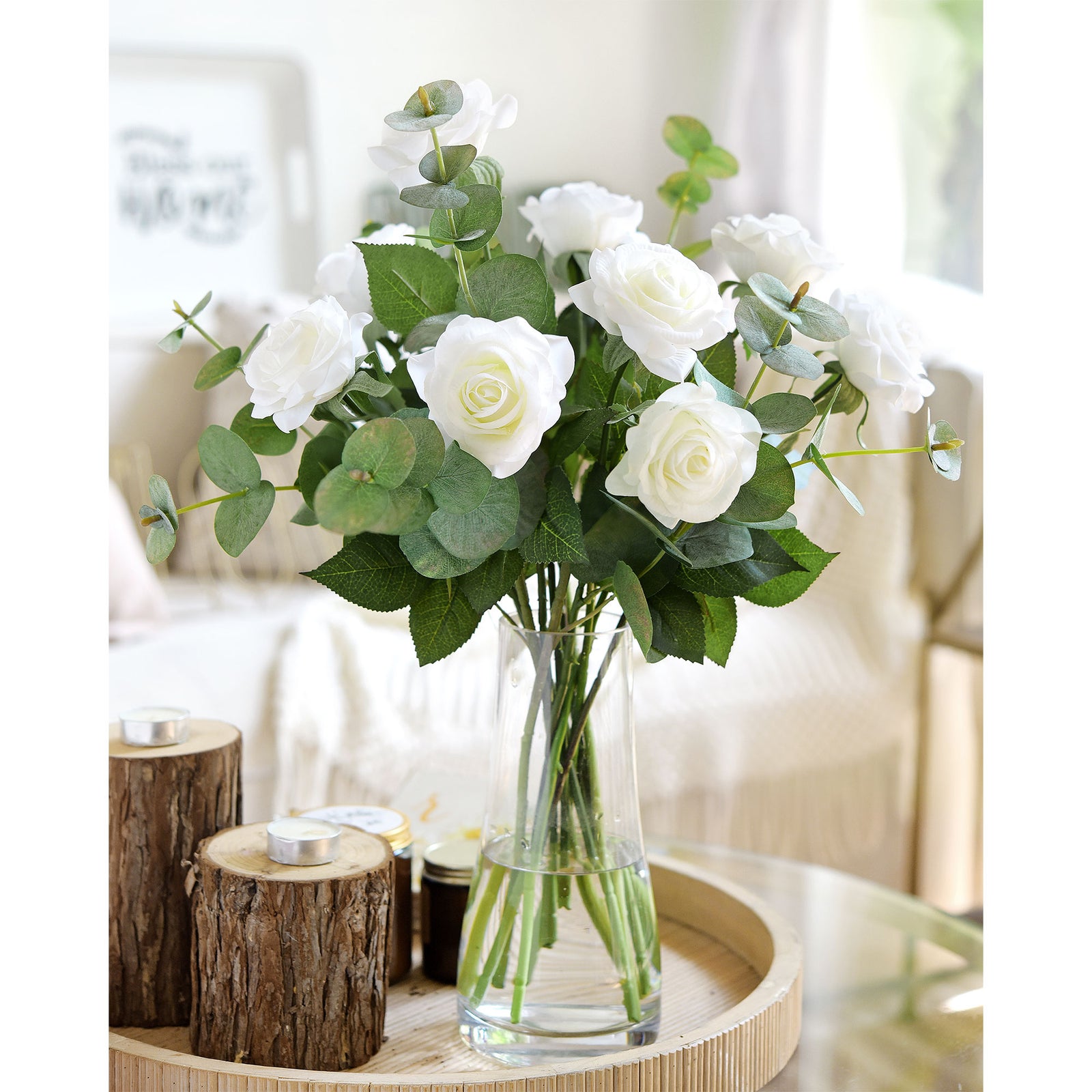 White Roses with Eucalyptus Leaves Bouquet Artificial Flowers