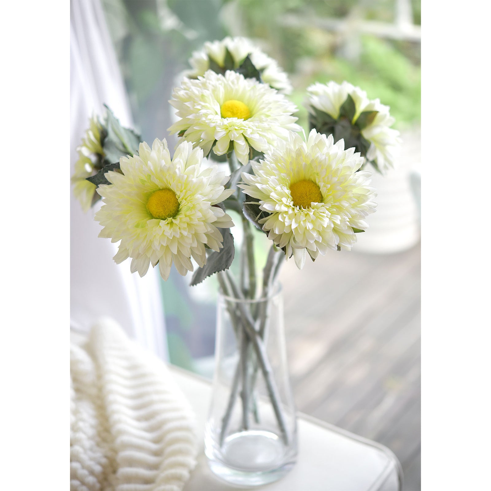 Artificial Sunflowers, Floral White Flowers Bouquet (6 Single Stems) -FiveSeasonStuff