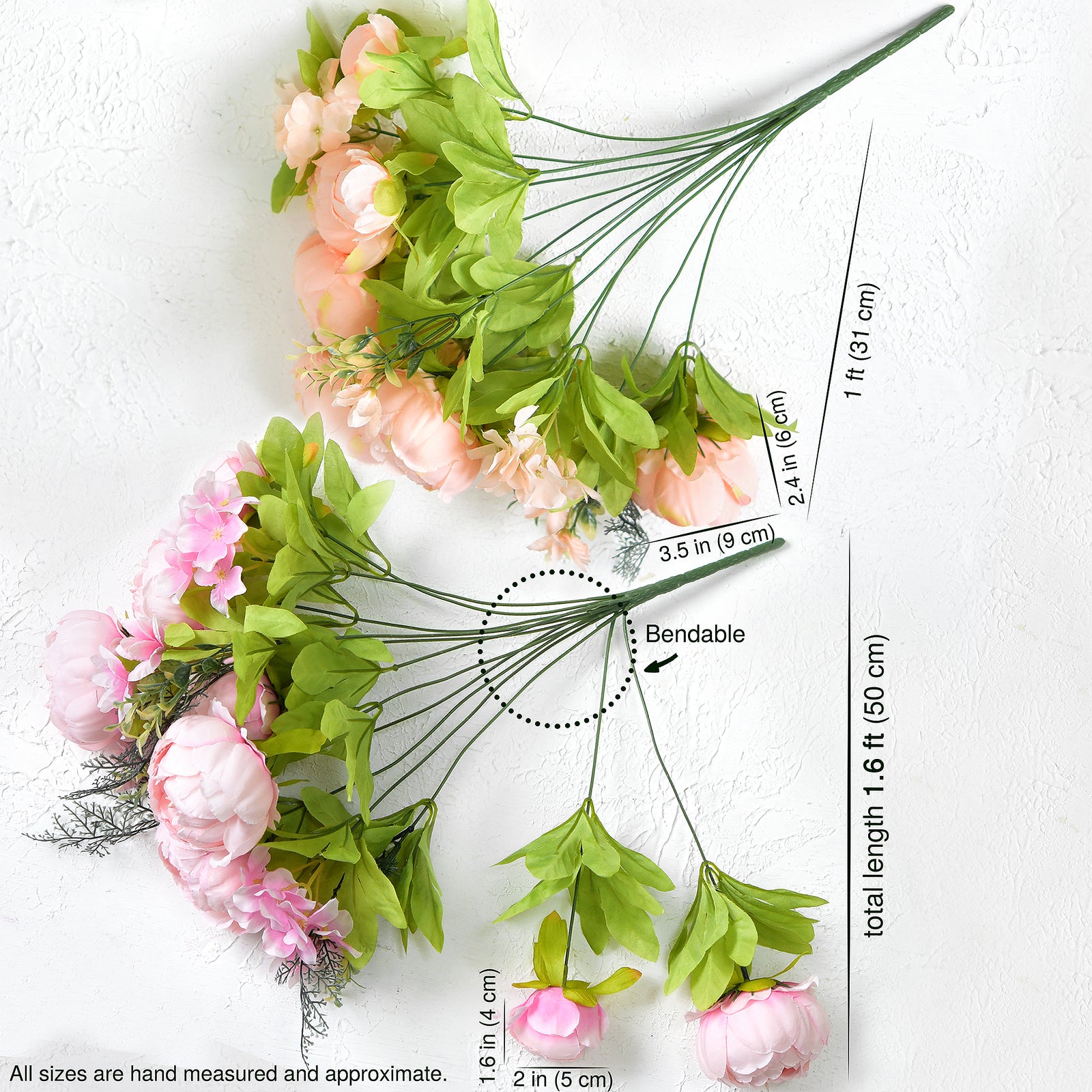 Soft Spring Delight Artificial Peony Bouquet – Set of 2 Faux Silk Bundles (Peach, Cream & Spring Green) – Flexible Stems for Weddings & Home Décor