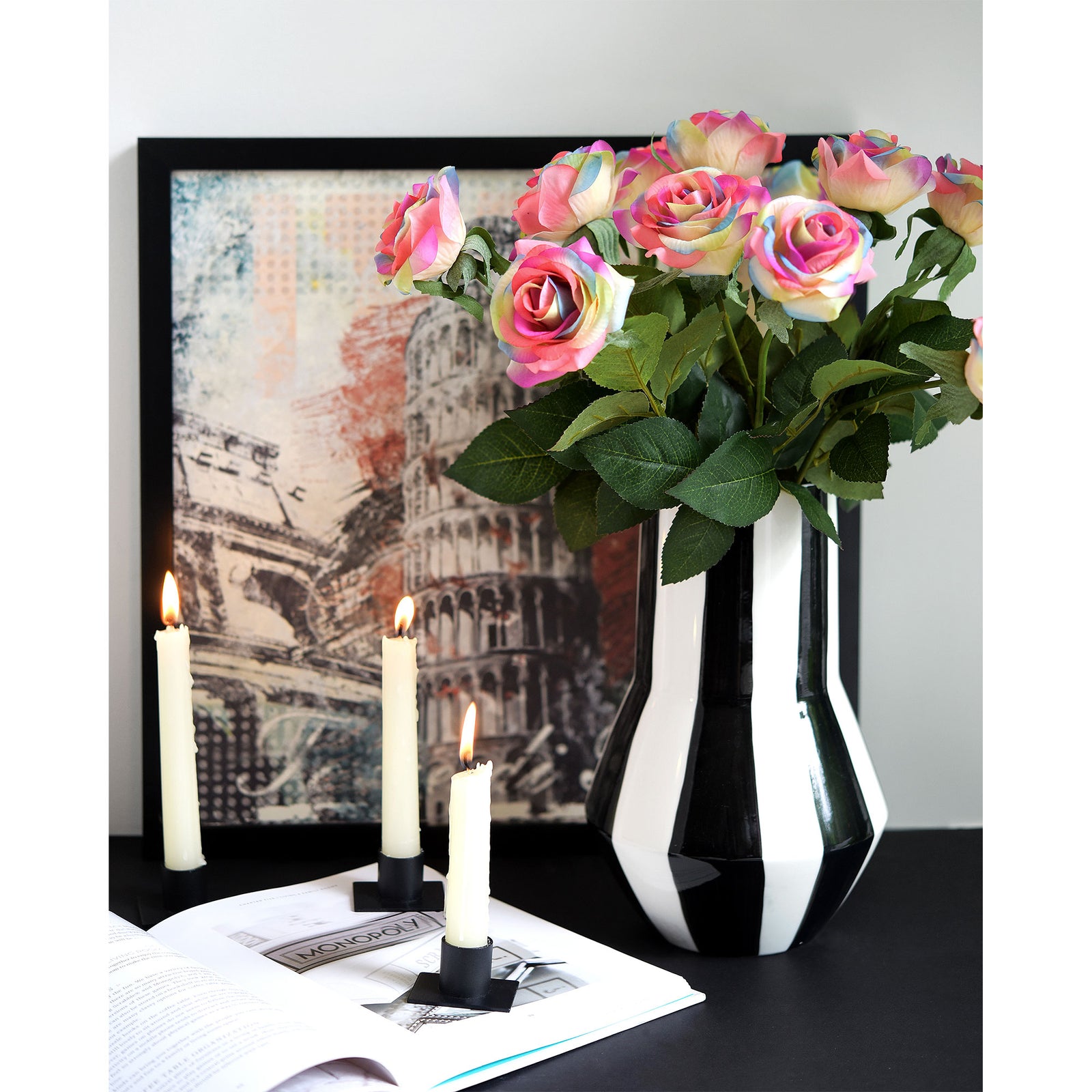 Rainbow Real Touch Silk Artificial Flowers ‘Petals Feel and Look like Fresh Roses’ 9 Stems with Eucalyptus, Candle Holders and Jute Ribbon