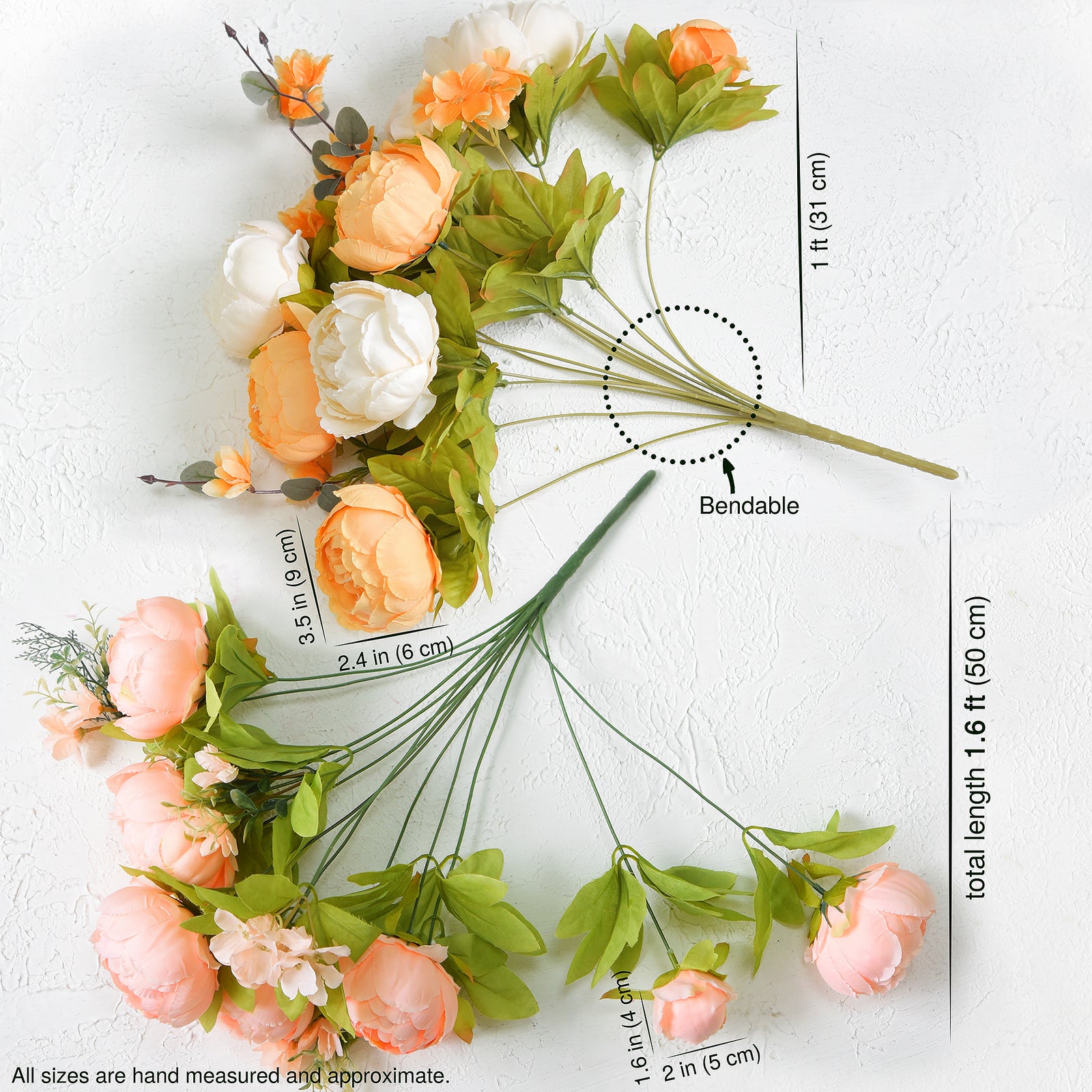 Autumn Ivory & Orange Artificial Peony Bouquet – Set of 2 Faux Silk Bundles (Ivory, Peach & Harvest Orange) – Fall Centerpiece Flowers