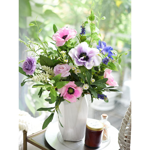 9 Long Stems of ‘Real Touch’ (Refreshing Pink) Artificial Anemone Silk Flowers with Leaves 48cm (18.9 inches)