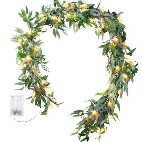 2 Mix Rustic Willow Garlands, Bendable Artificial Greenery Vine Leaves for Wedding Home Decoration with 33 Feet Star String Lights (Battery-Powered)