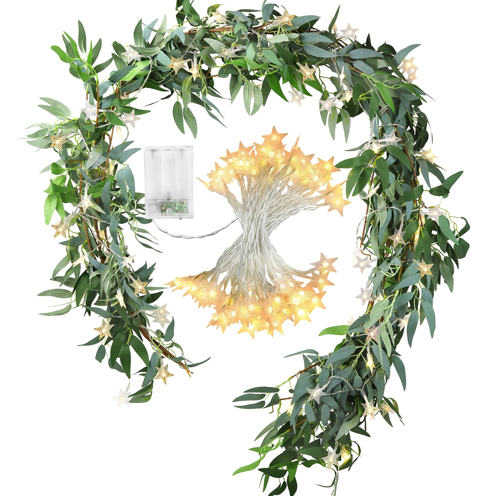 FiveSeasonStuff Woodland Whispers: Rustic Willow and Eucalyptus Garlands with 33 Feet 100 LED String Lights (USB-Powered)