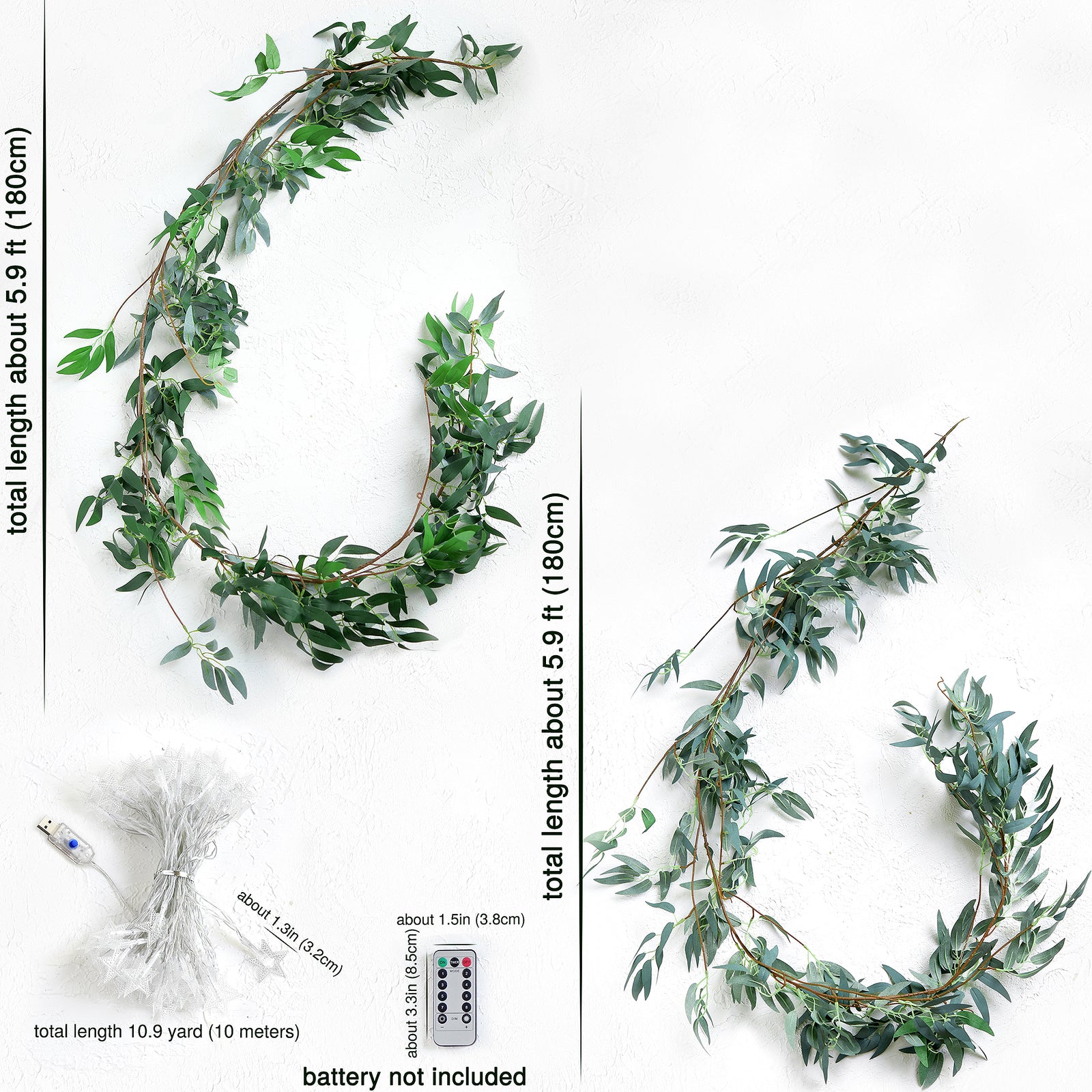 2 Mix Rustic Willow Garlands, Bendable Artificial Greenery Vine Leaves for Wedding Home Decoration with 33 Feet Star String Lights (USB-Powered)