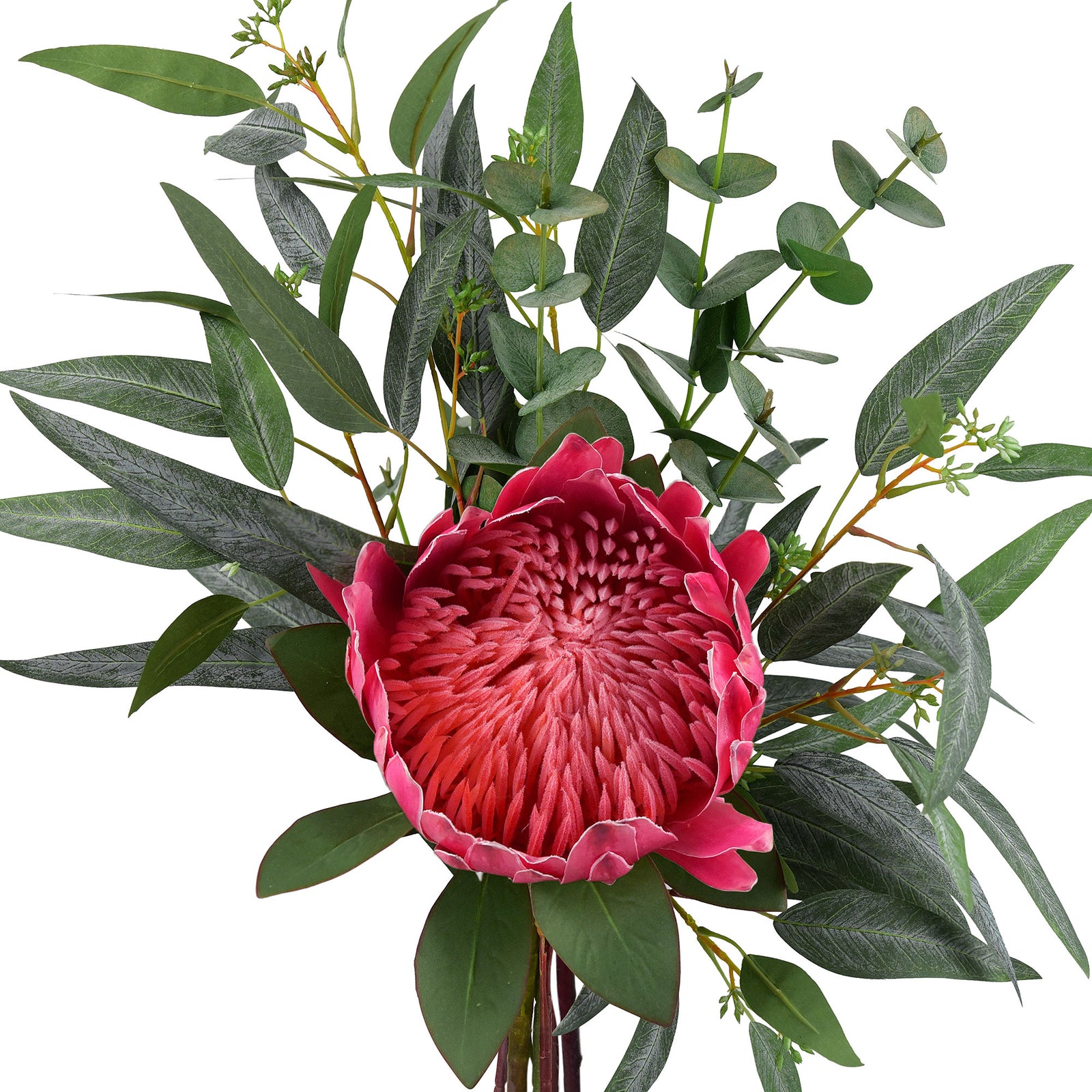 'Crimson Regal Harmony'' Bouquet Royale Burgundy King Protea Arranged with Eucalyptus Leaves Silk Artificial Flowers