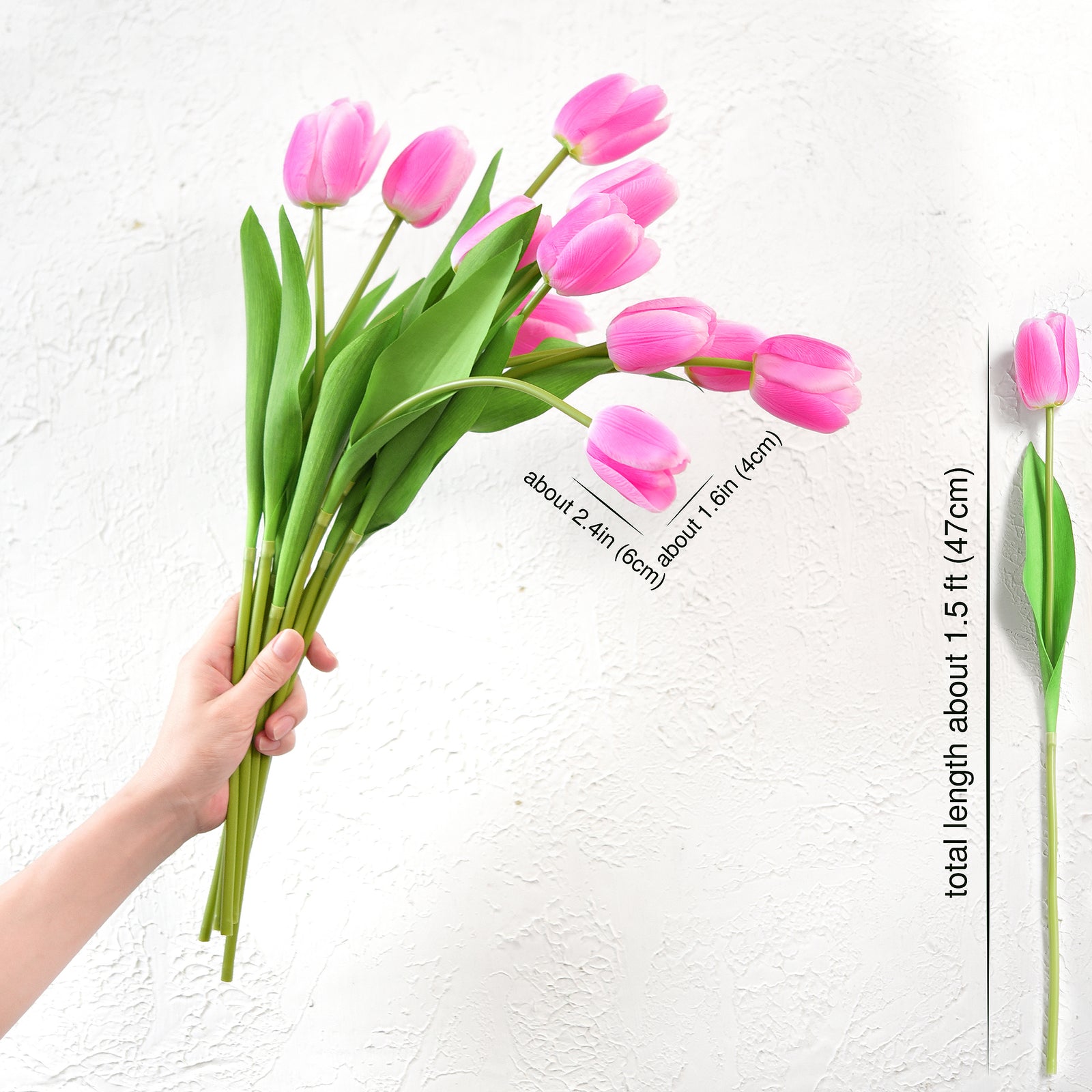 Real Touch Long Stem Vibrant Pink Tulips – 12 Artificial Flowers with Foldable Vase for Home Décor, Weddings, and Gifts