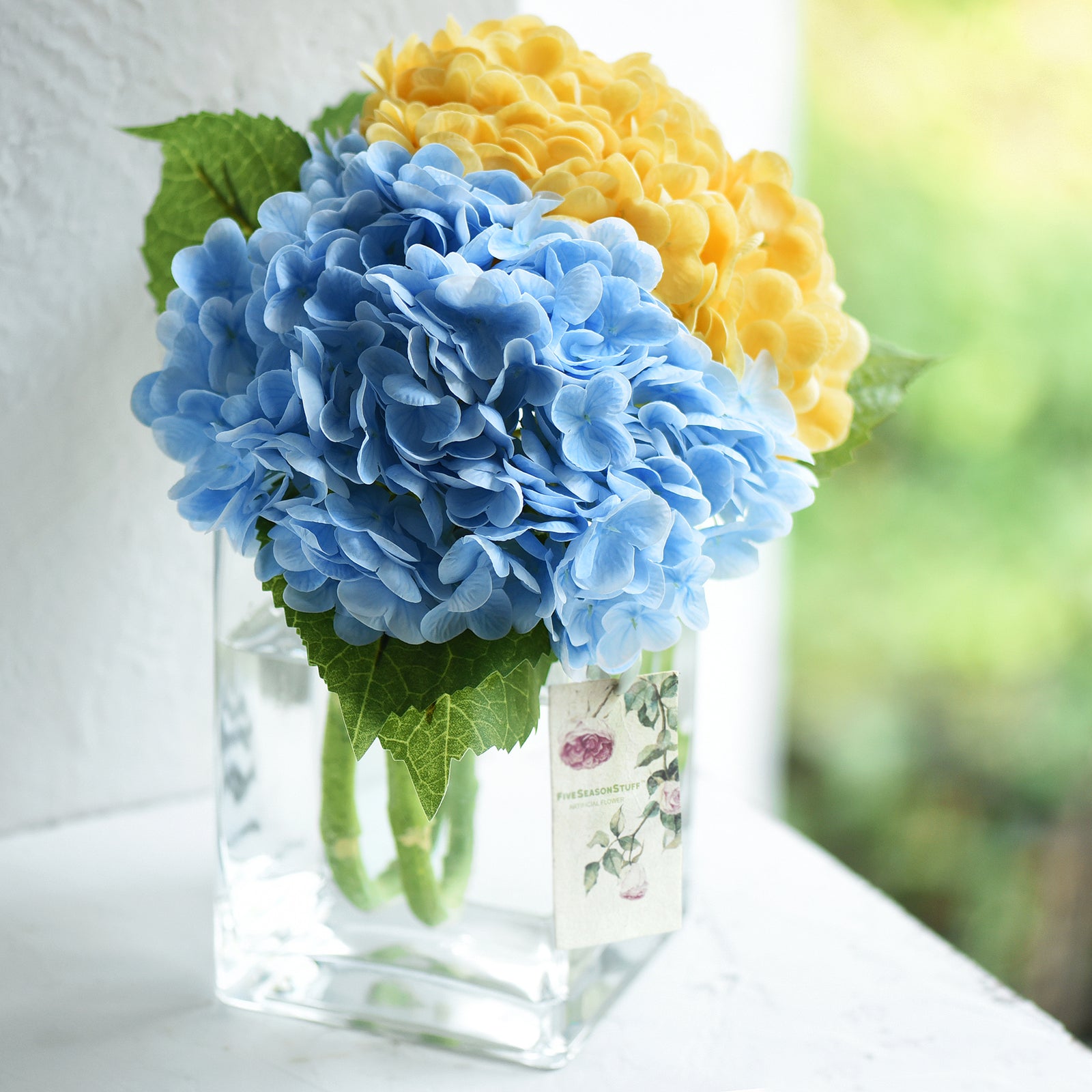 FiveSeasonStuff 2 Stems Real Touch Petals and Leaves Artificial Hydrangea Flowers Long Stem Floral Arrangement | for Wedding Bridal Party Home Décor DIY Floral Decoration (Blue | Yellow)
