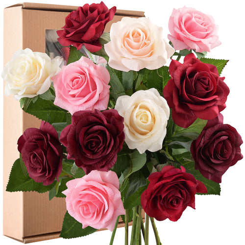 Artificial Flowers Real Touch Silk Roses 12 Stems (Rustic Pink) ‘Petals Feel and Look like Fresh Roses' -Fiveseasonstuff