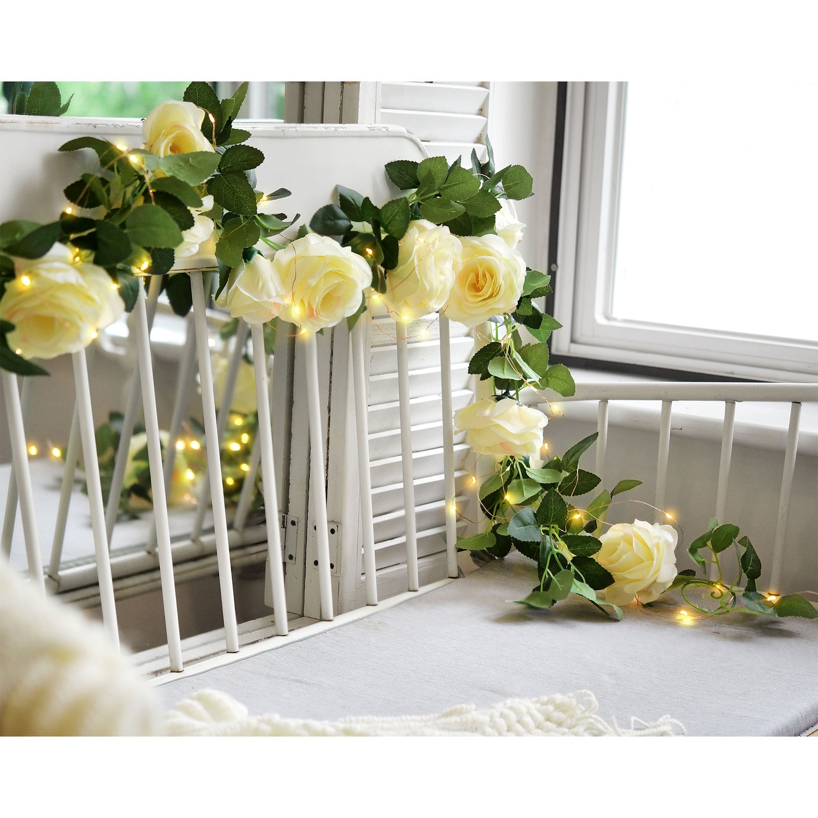 14 Ft 2 Pack Cream White Rose Silk Flower Garland Artificial Flowers Decoration Hanging Floral with 33 feet String Lights