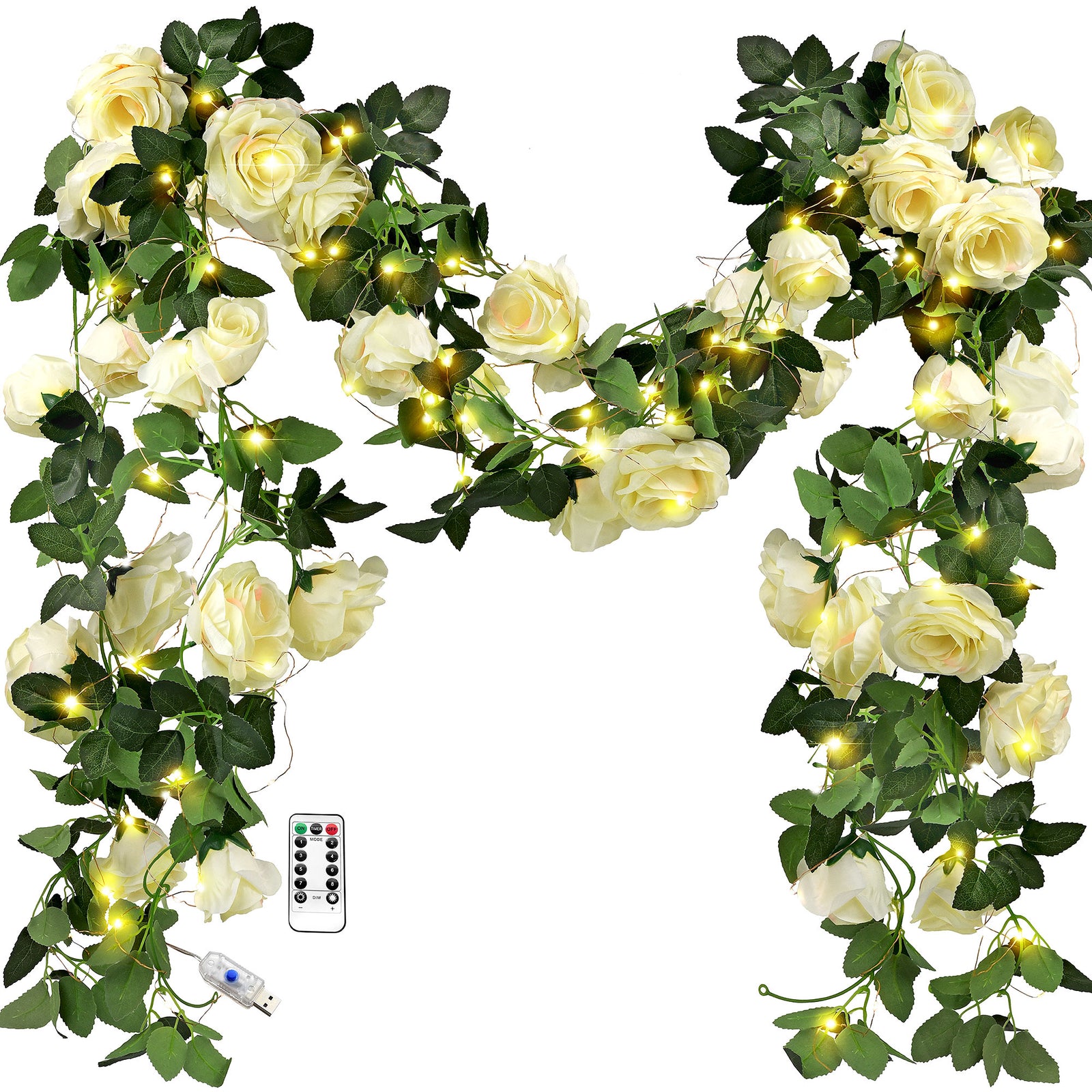 29 Ft 4 Pack Cream White Rose Silk Flower Garland Artificial Flowers Decoration Hanging Floral with 66 feet String Lights