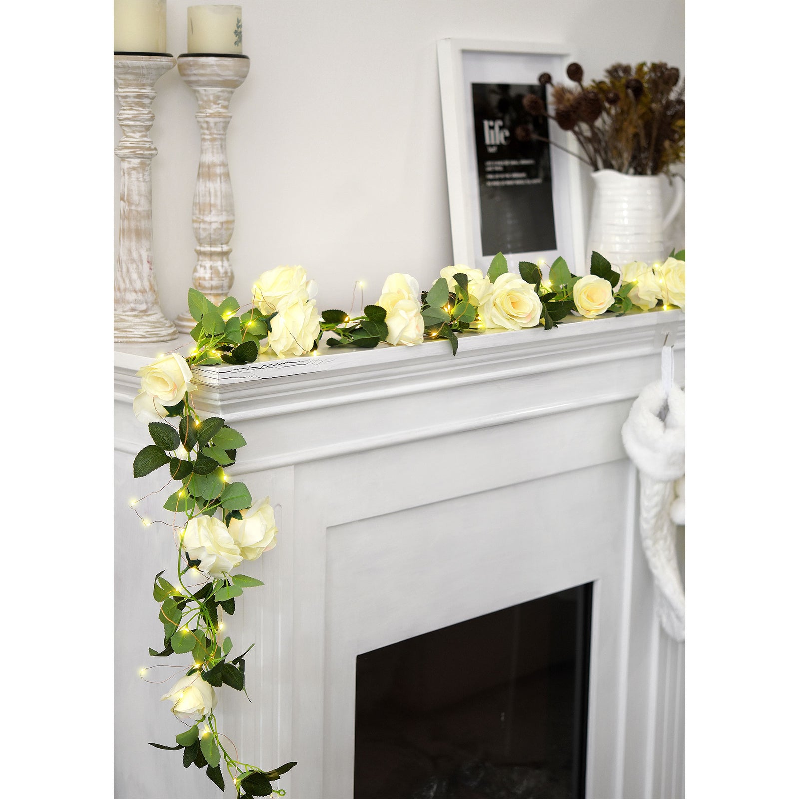 14 Ft 2 Pack Cream White Rose Silk Flower Garland Artificial Flowers Decoration Hanging Floral with 33 feet String Lights