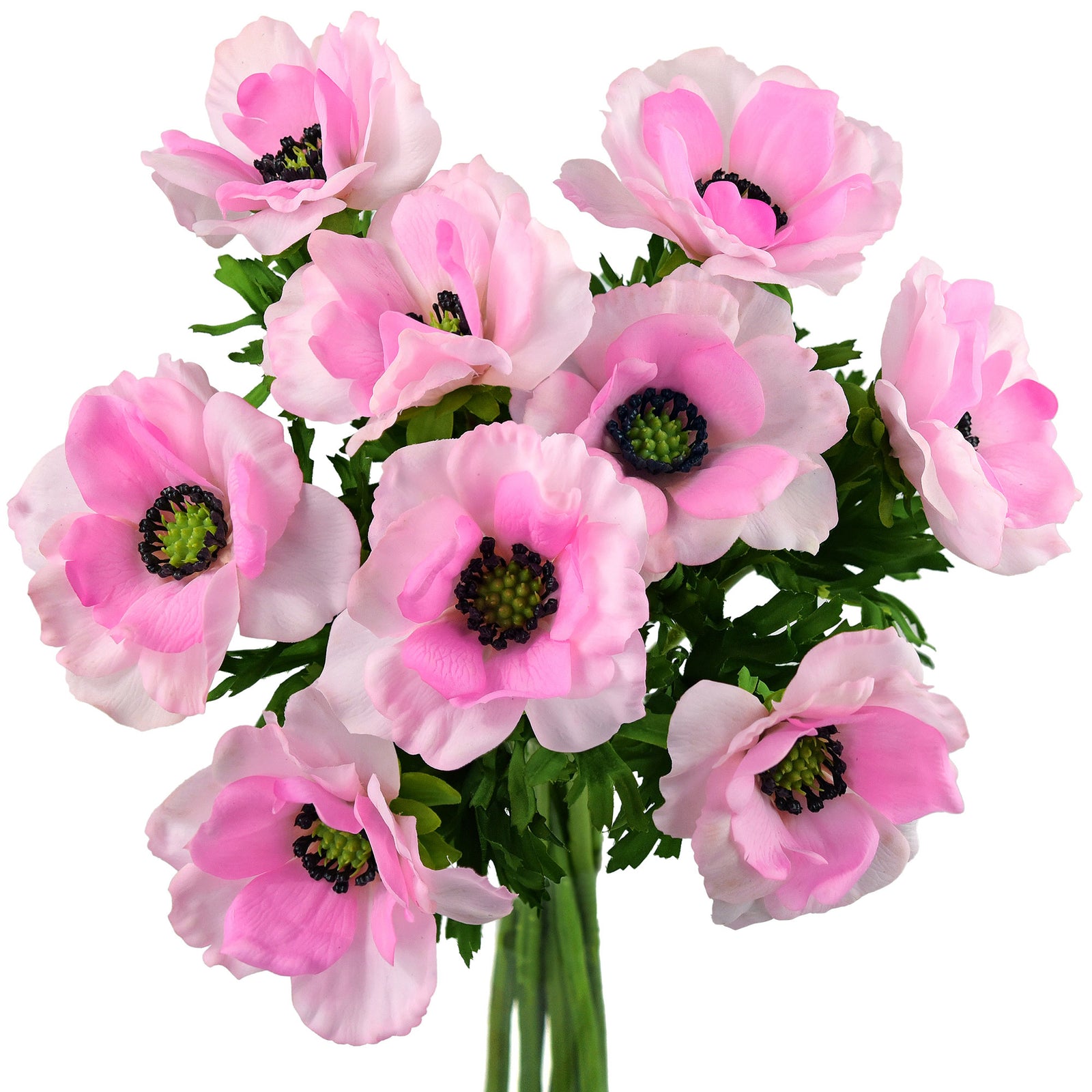 9 Long Stems of ‘Real Touch’ (Refreshing Pink) Artificial Anemone Silk Flowers with Leaves 48cm (18.9 inches)