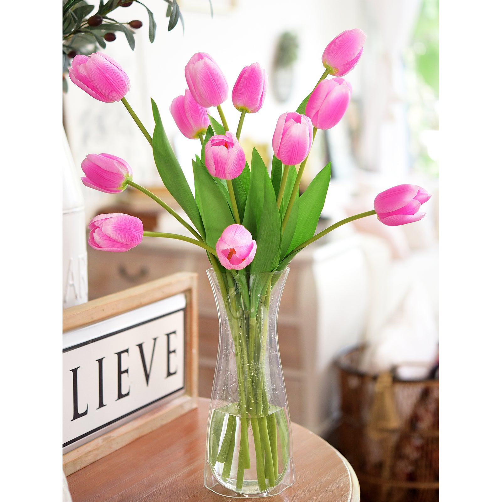 Real Touch Long Stem Vibrant Pink Tulips – 12 Artificial Flowers with Foldable Vase for Home Décor, Weddings, and Gifts