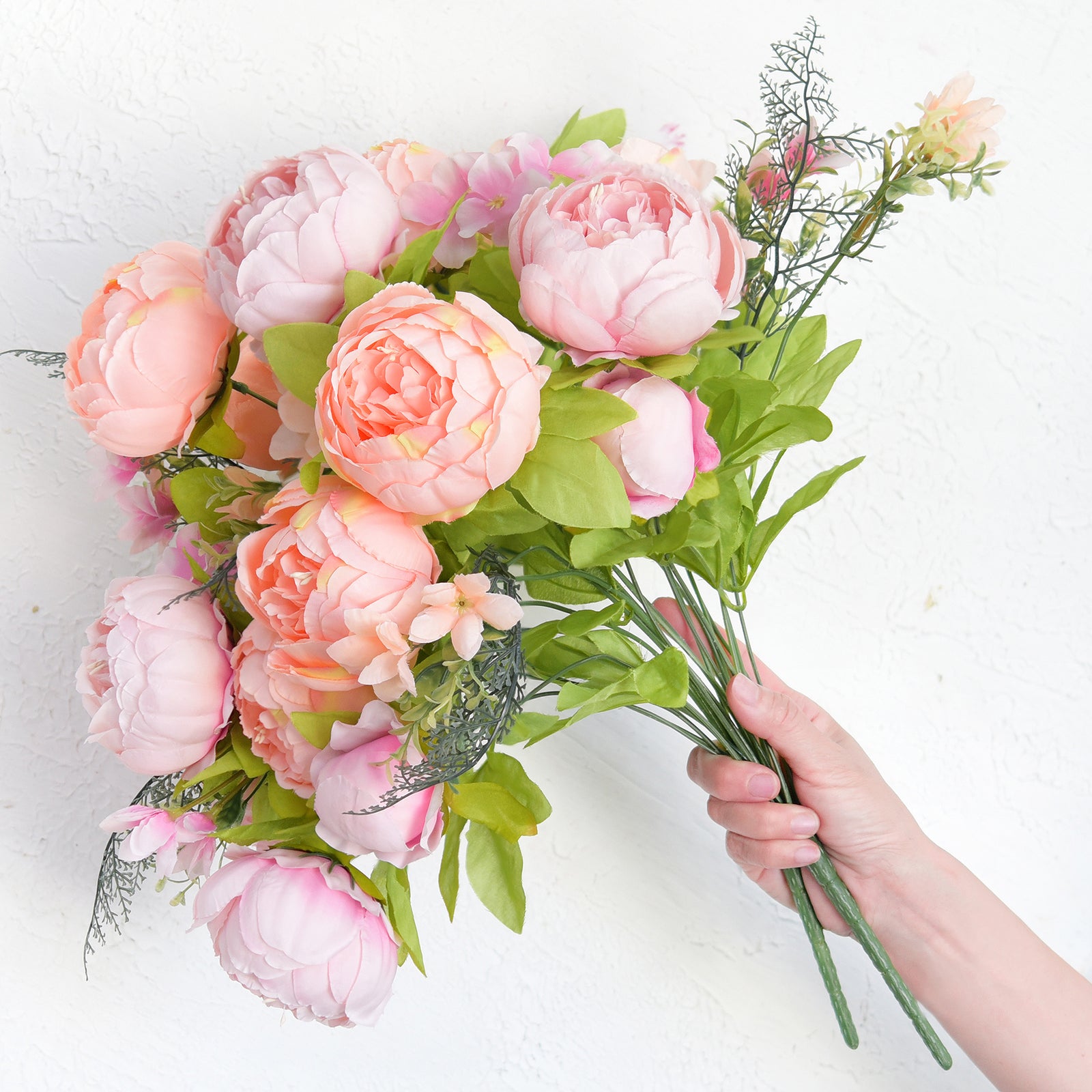 Soft Spring Delight Artificial Peony Bouquet – Set of 2 Faux Silk Bundles (Peach, Cream & Spring Green) – Flexible Stems for Weddings & Home Décor