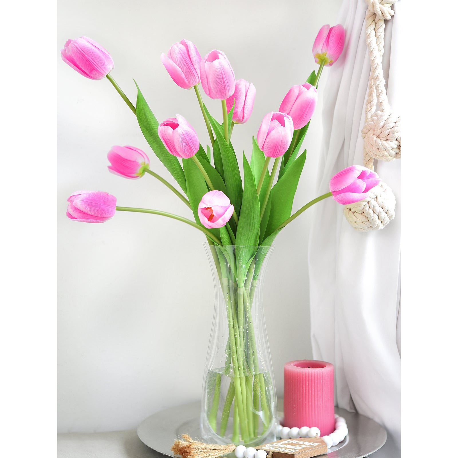 Real Touch Long Stem Vibrant Pink Tulips – 12 Artificial Flowers with Foldable Vase for Home Décor, Weddings, and Gifts