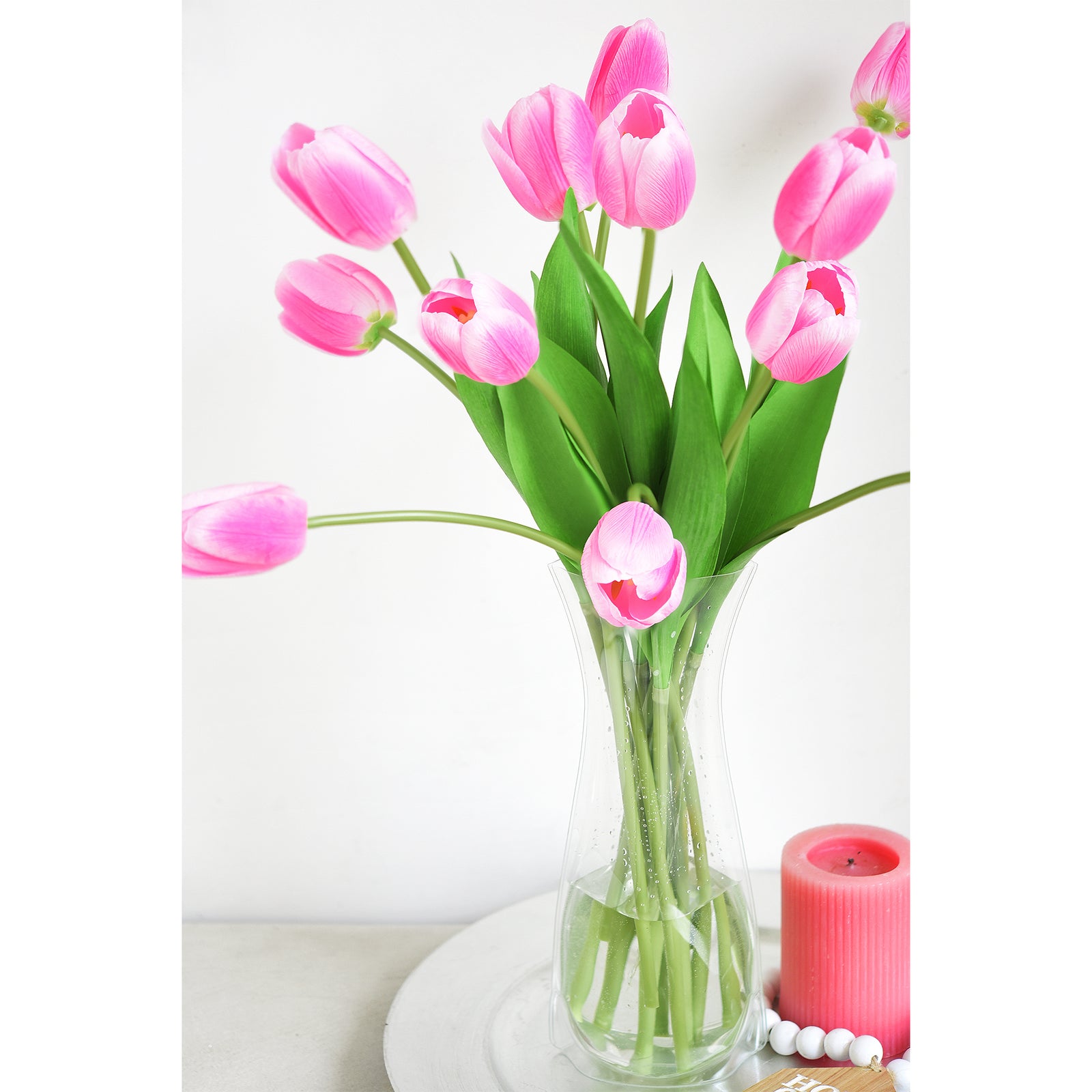 Real Touch Long Stem Vibrant Pink Tulips – 12 Artificial Flowers with Foldable Vase for Home Décor, Weddings, and Gifts