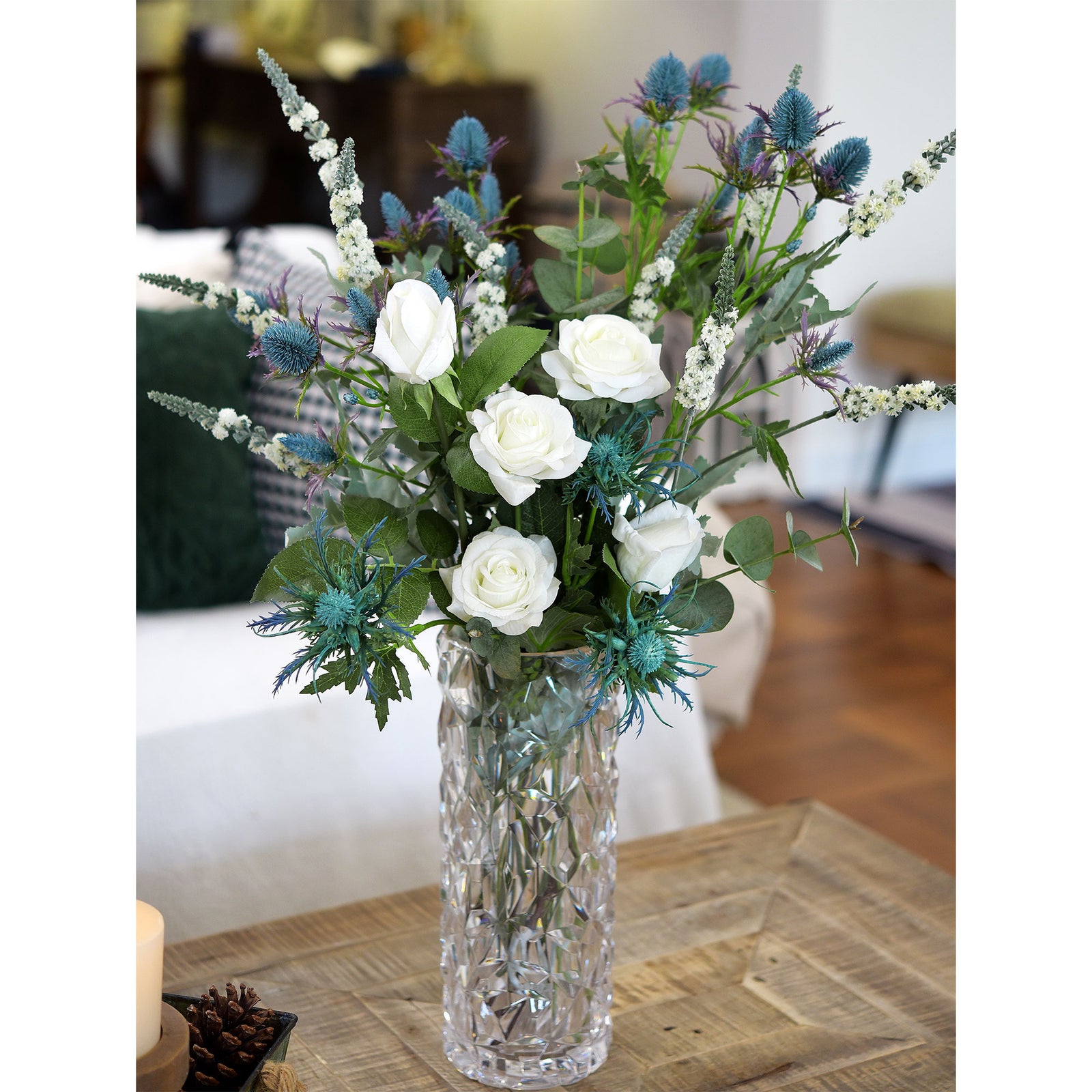 Sea Breezes Blue and White Themed Mix Flower Bouquet Real Touch Artificial Flowers, Total 11 Stems FiveSeasonStuff Floral