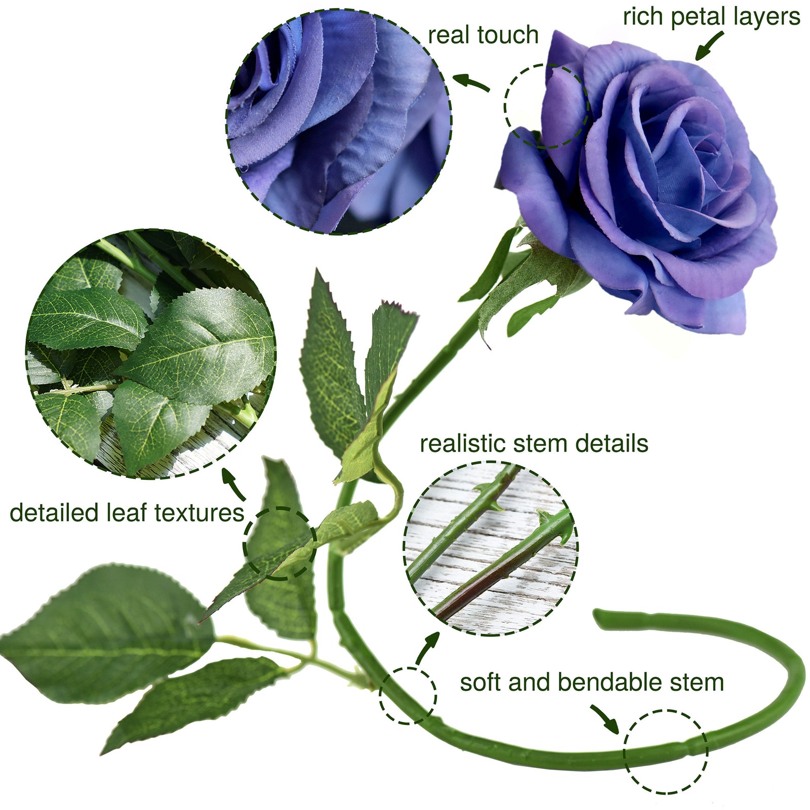 Midnight Blue Real Touch Silk Artificial Flowers ‘Petals Feel and Look like Fresh Roses 10 Stems