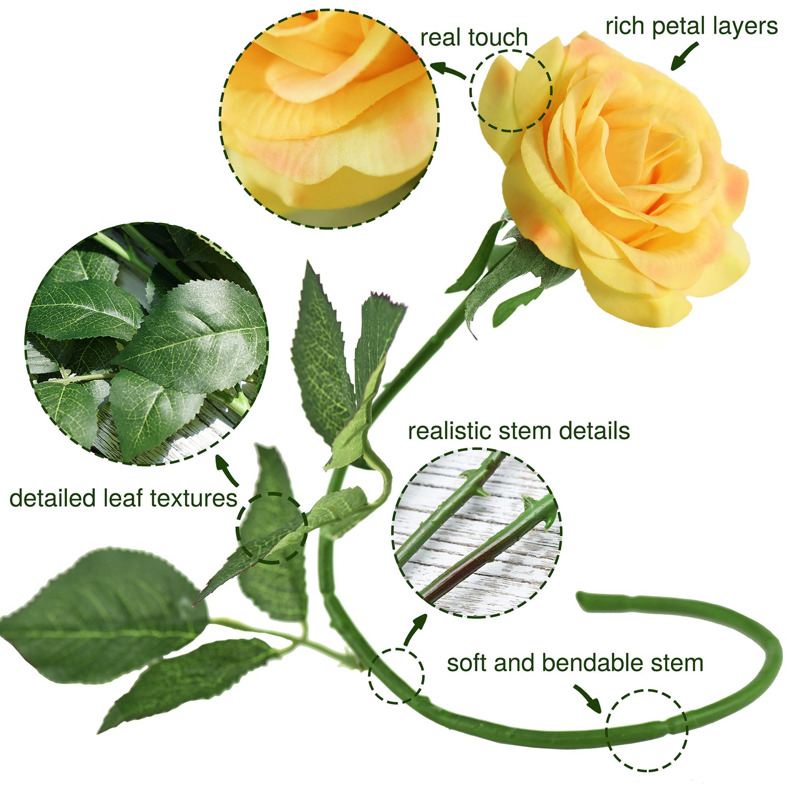 Sun Yellow Real Touch Silk Artificial Flowers ‘Petals Feel and Look like Fresh Roses 10 Stems