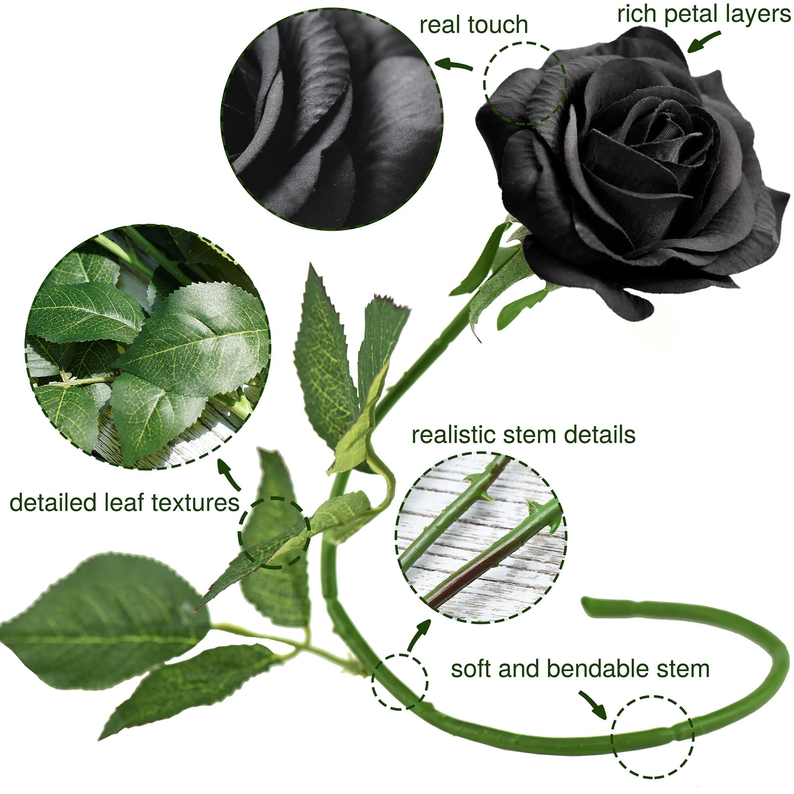 Real Touch 10 Stems Black Silk Artificial Roses Flowers ‘Petals Feel and Look like Fresh Roses