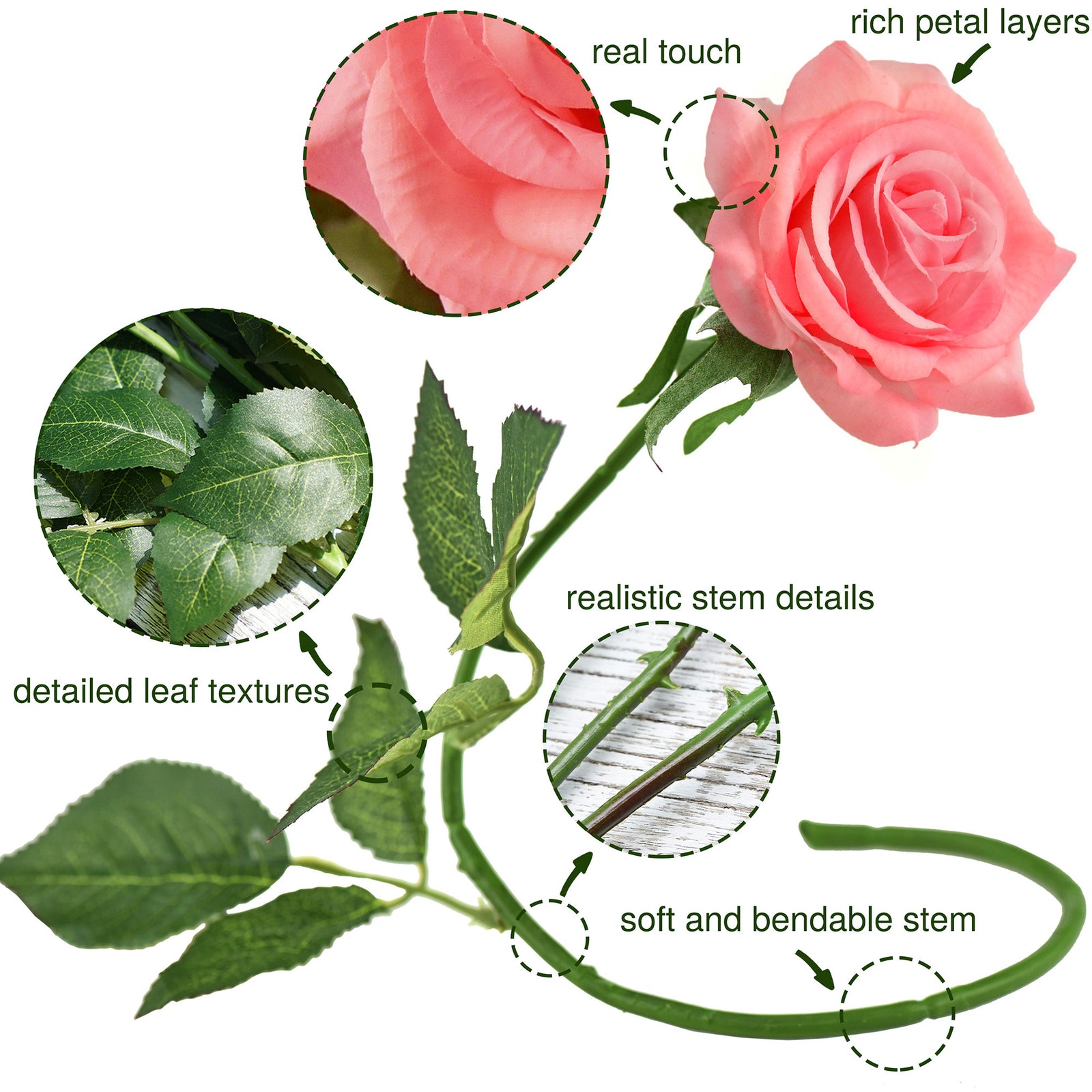 Pinkish Real Touch Silk Artificial Flowers ‘Petals Feel and Look like Fresh Roses 10 Stems