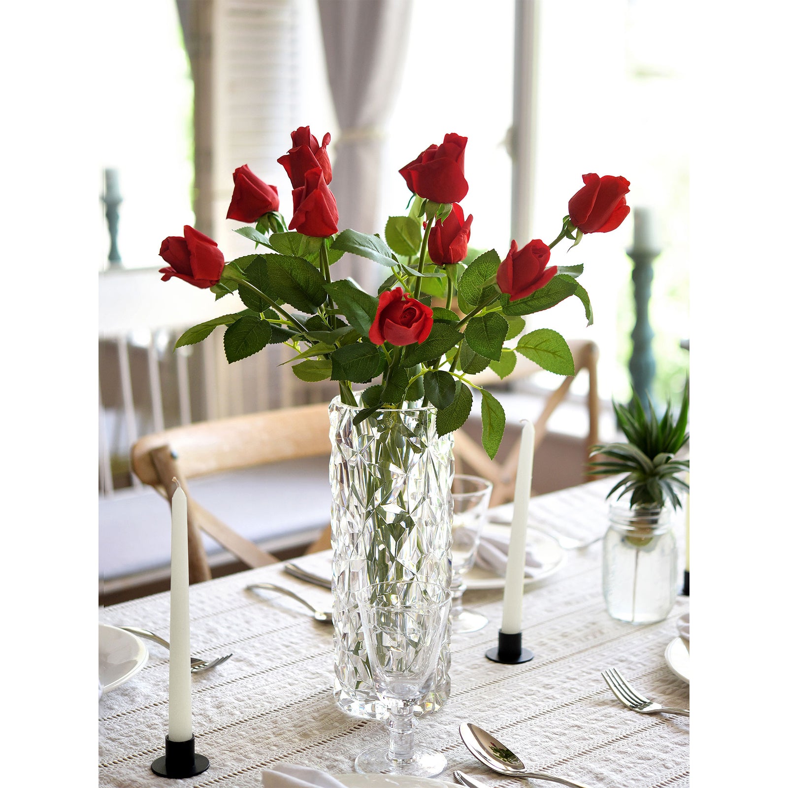 Valentine Classic Red Long Stem 21 inches Roses Real Touch Silk Artificial Flowers 12 Stems