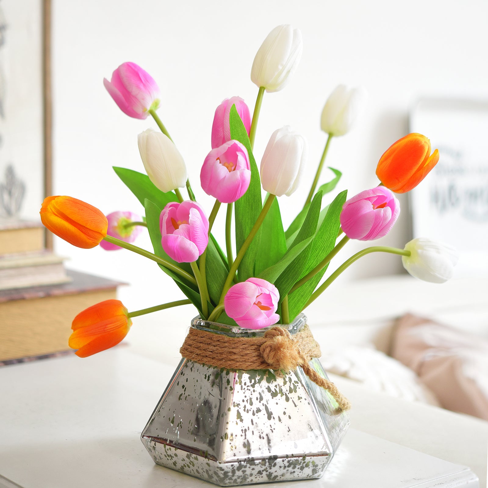 Real Touch Long Stem Vibrant Pink Tulips – 12 Artificial Flowers with Foldable Vase for Home Décor, Weddings, and Gifts