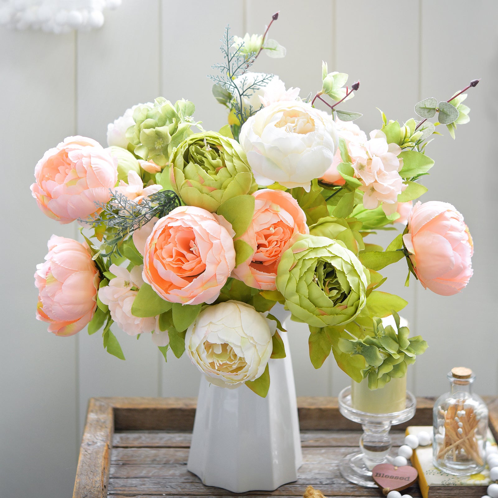 Meadow Blush Artificial Peony Bouquet – Set of 2 Faux Silk Bundles (Blush Peach, Cream & Light Green) – Ready-to-Style Floral Décor