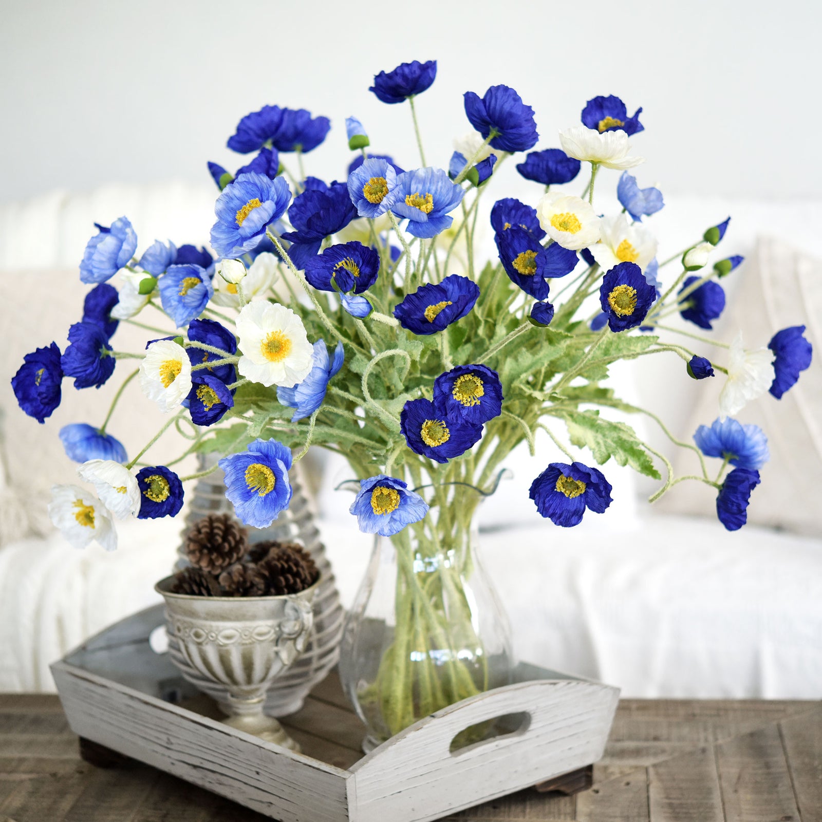 Royal Blue Silk Poppies Artificial Flower Bouquet for Remembrance Home Wedding 6 Stems 23.6'' (60cm)