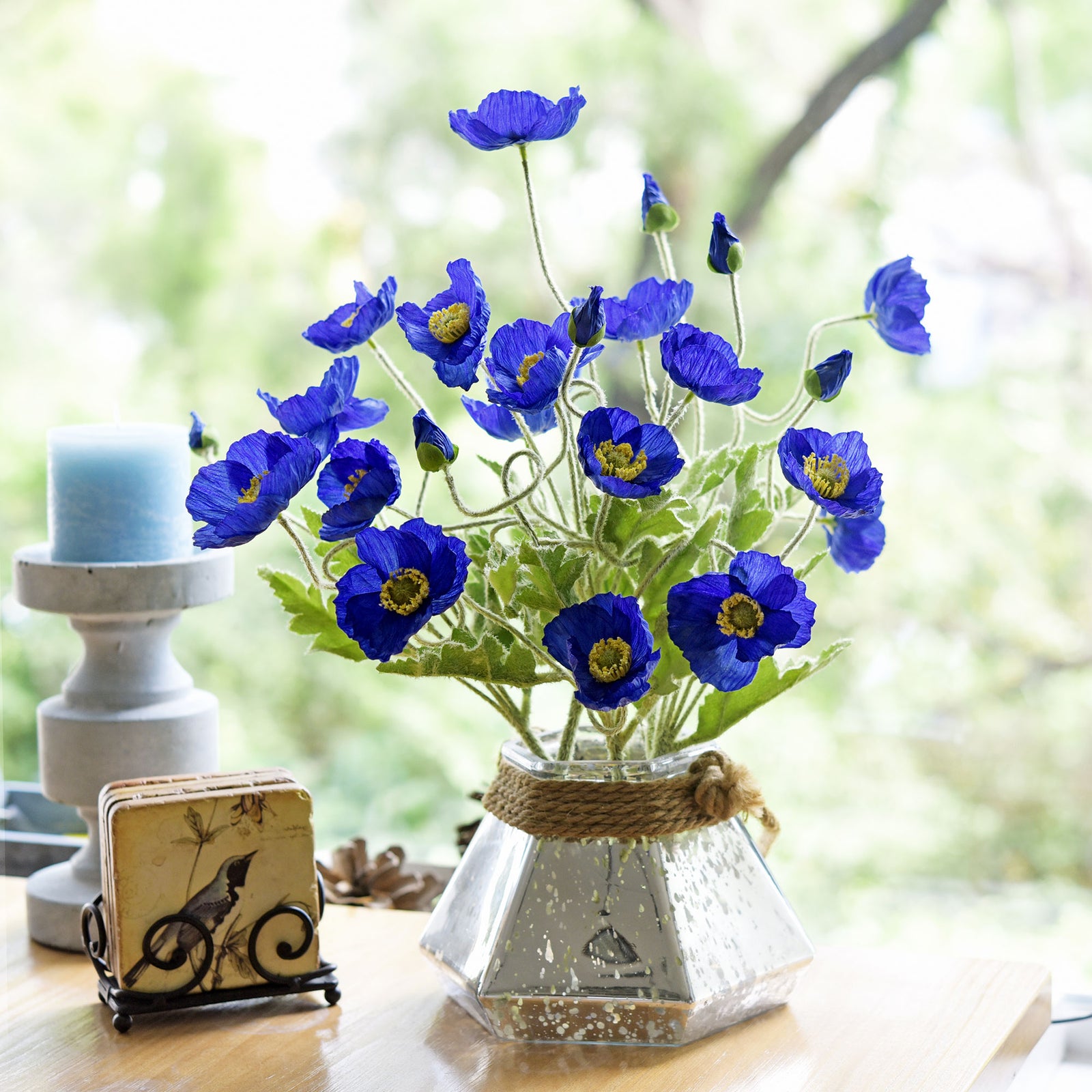 Royal Blue Silk Poppies Artificial Flower Bouquet for Remembrance Home Wedding 6 Stems 23.6'' (60cm)