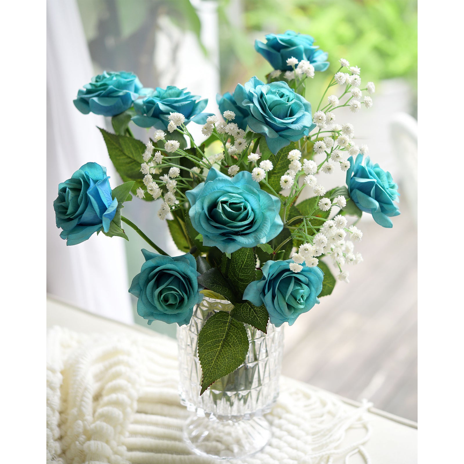 Real Touch 10 Stems Teal Silk Artificial Roses Flowers 'Petals