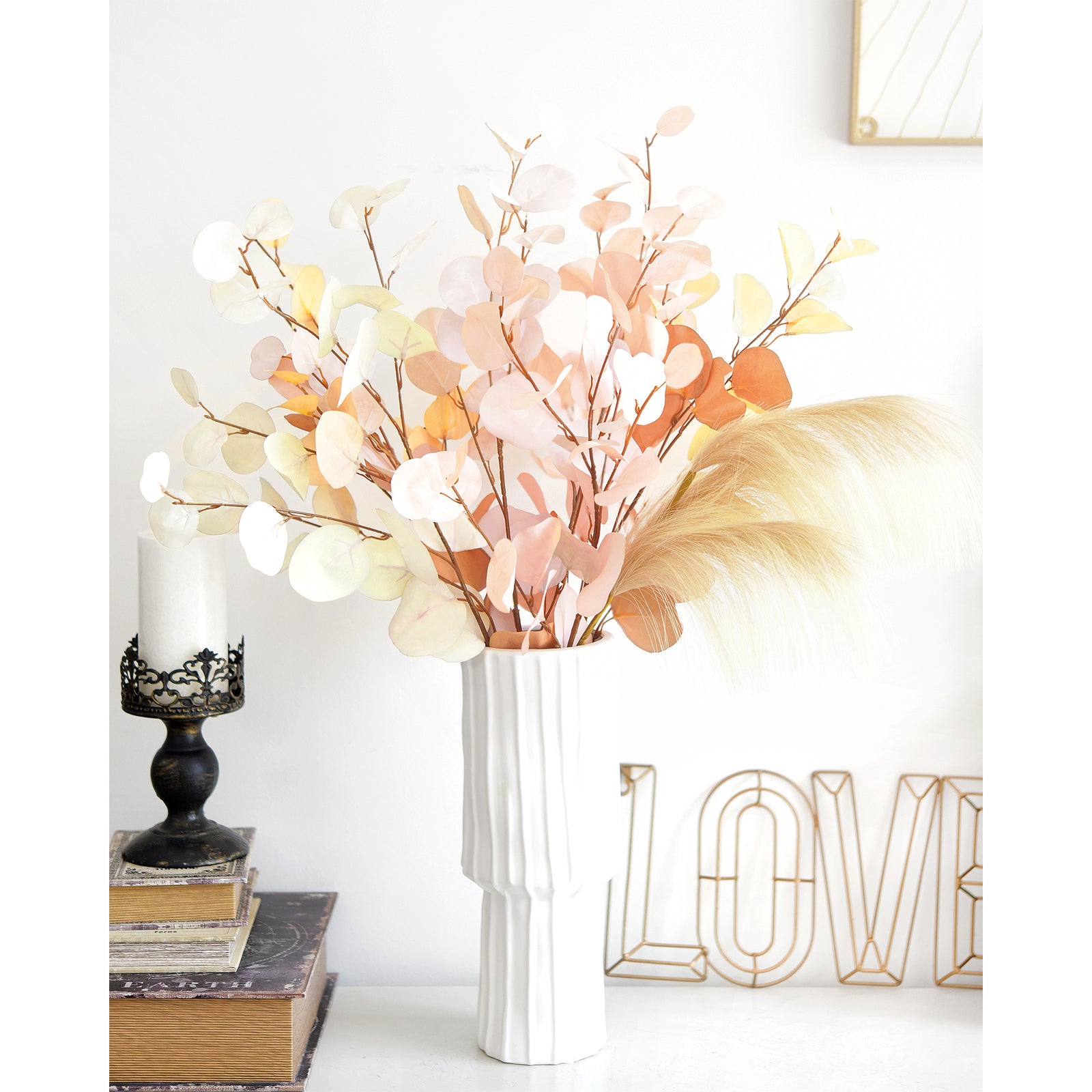 Sunlit Blush & Butter Cream Eucalyptus Bouquet – 7-Piece Artificial Stems with Pampas Grass for Home, Weddings & Year-Round Decor