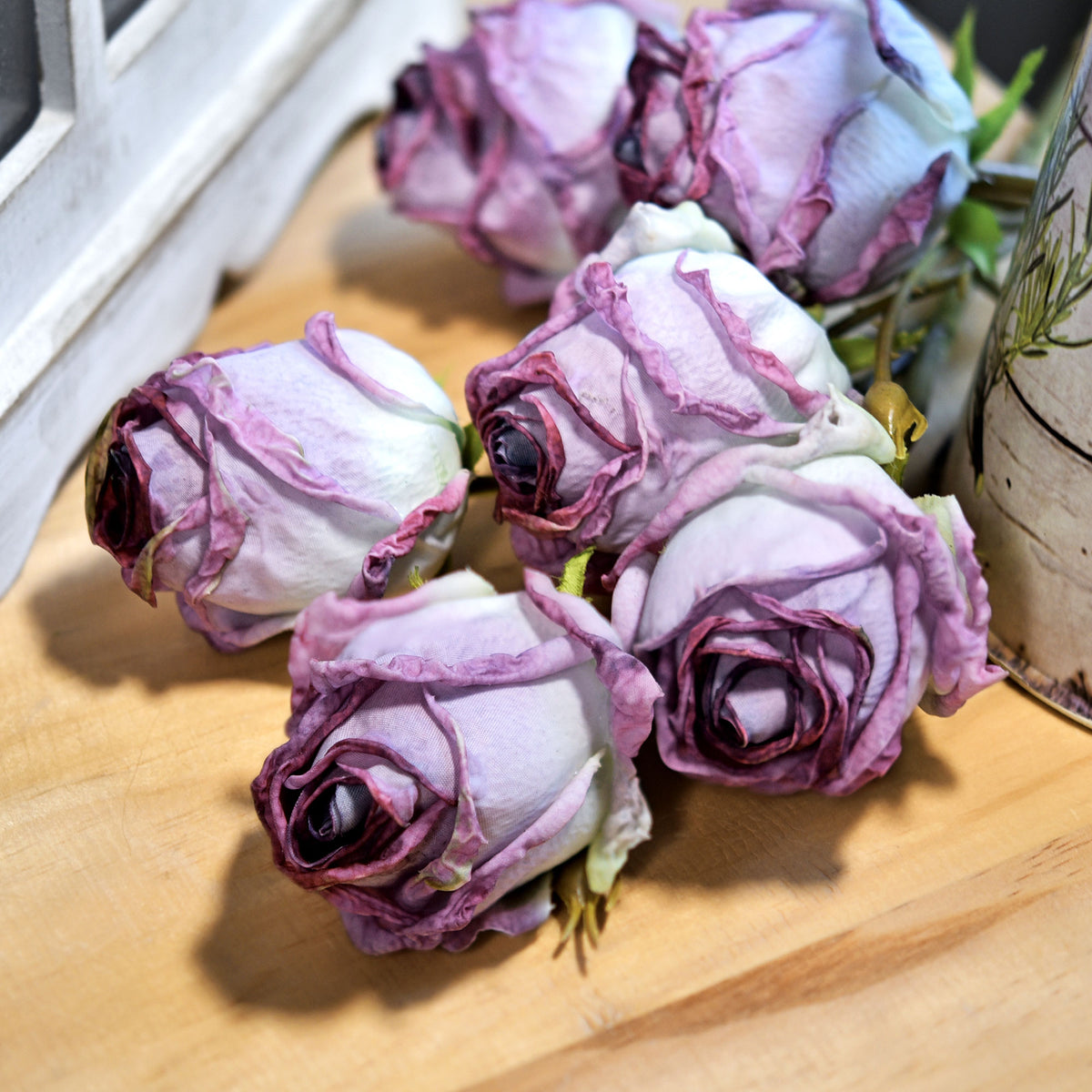 Dusty Purple Dried Look Real Touch Silk Roses Artificial Flowers 4 Ste ...