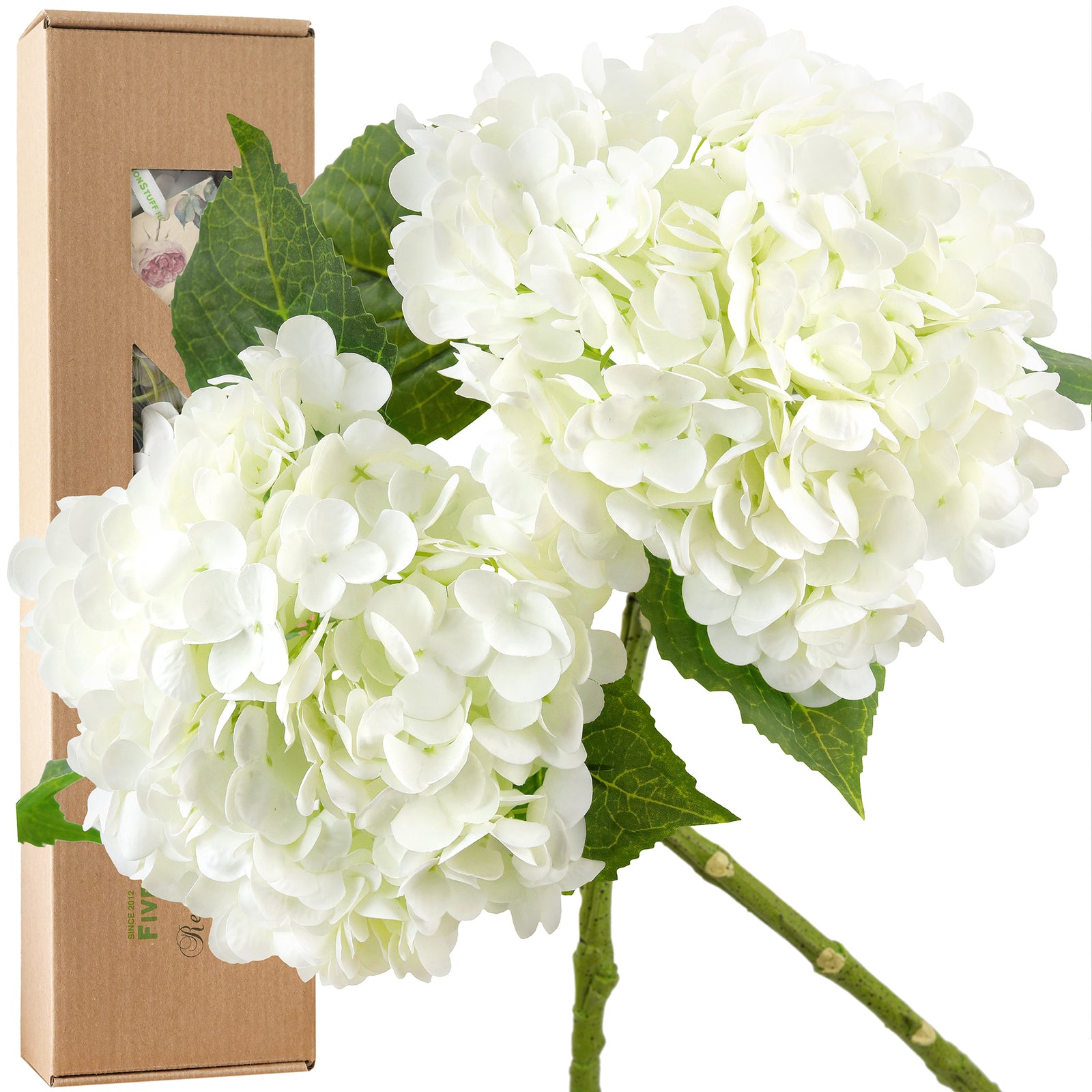 FiveSeasonStuff 2 Stems Real Touch Petals and Leaves Artificial Hydrangea Flowers Long Stem Floral Arrangement | for Wedding Bridal Party Home Décor DIY Floral Decoration (White)