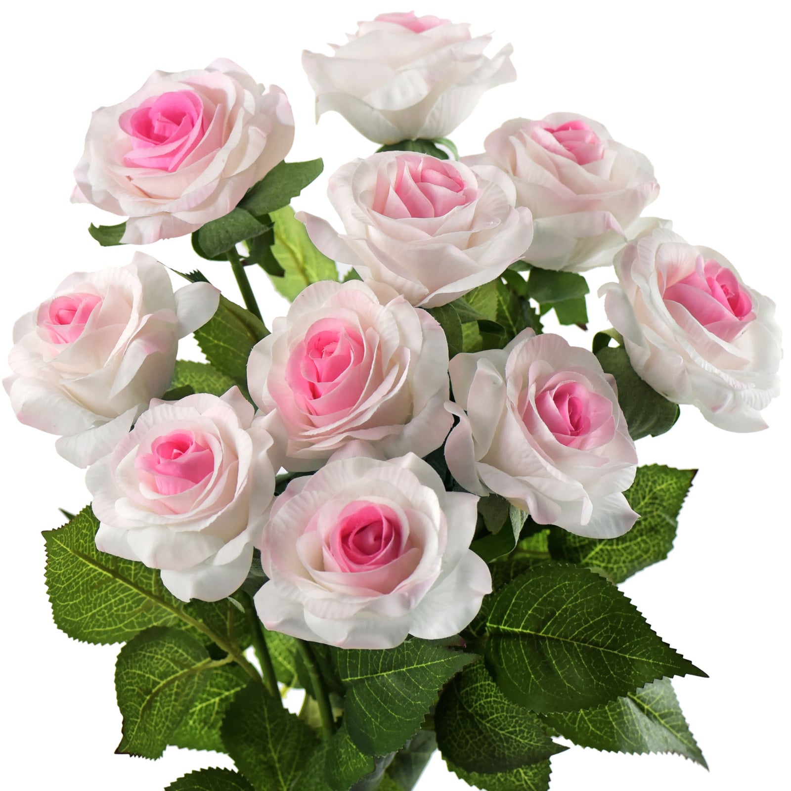 Artificial Flowers Real Touch Silk Roses 10 Stems (White & Pink)