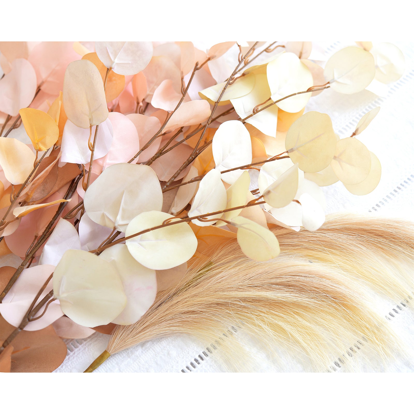 Sunlit Blush & Butter Cream Eucalyptus Bouquet – 7-Piece Artificial Stems with Pampas Grass for Home, Weddings & Year-Round Decor