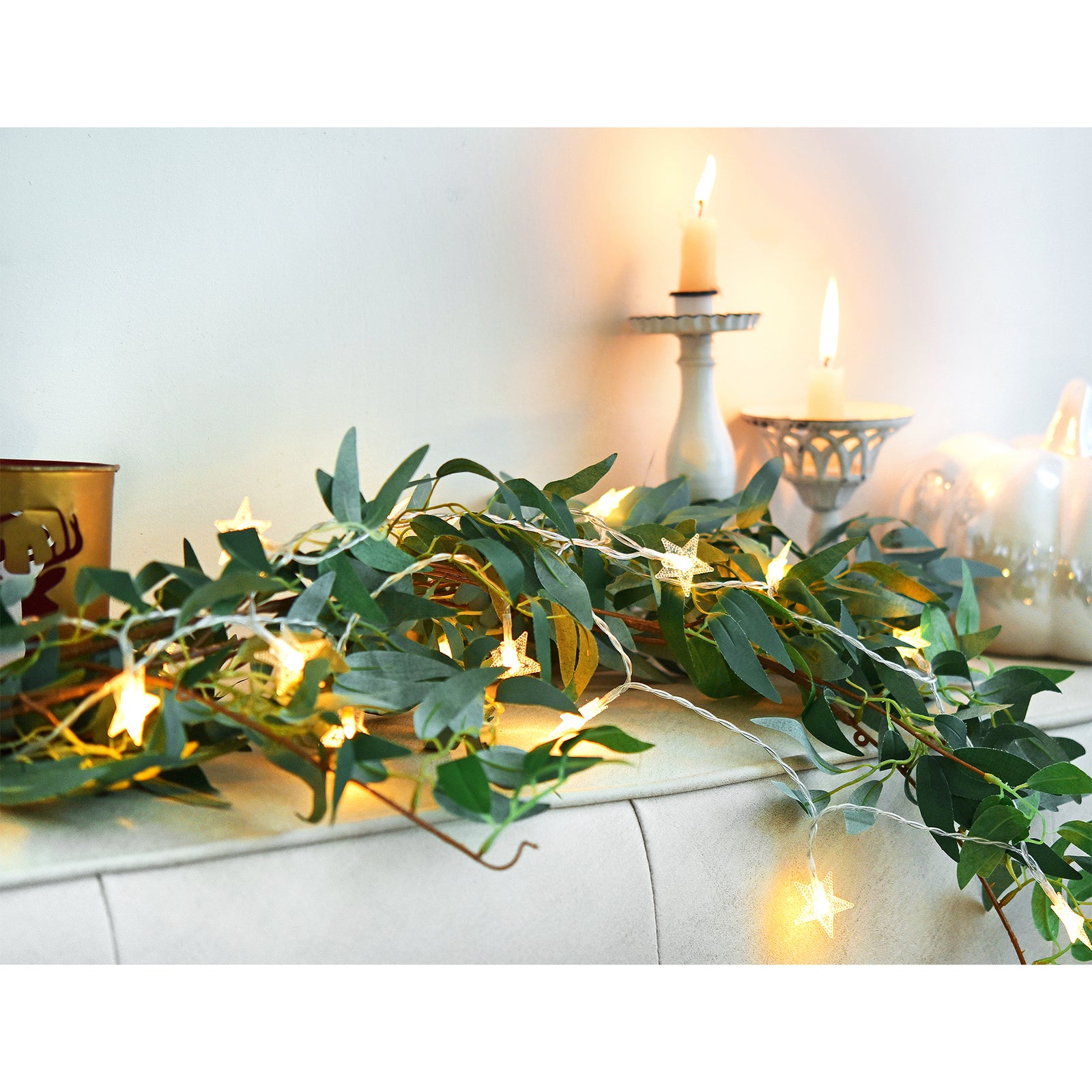2 Mix Rustic Willow Garlands, Bendable Artificial Greenery Vine Leaves for Wedding Home Decoration with 33 Feet Star String Lights (Battery-Powered)