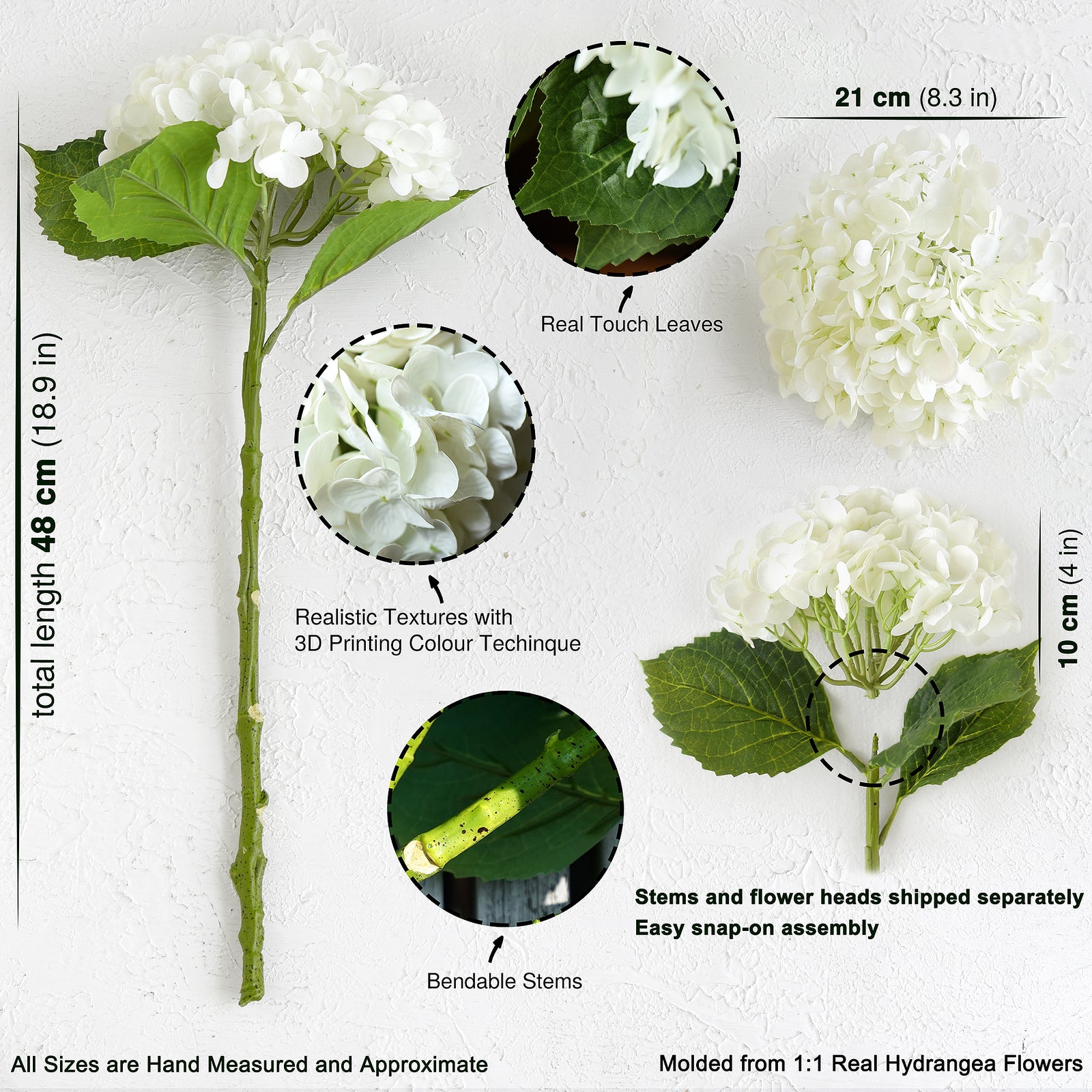 FiveSeasonStuff 2 Stems Real Touch Petals and Leaves Artificial Hydrangea Flowers Long Stem Floral Arrangement | for Wedding Bridal Party Home Décor DIY Floral Decoration (White)